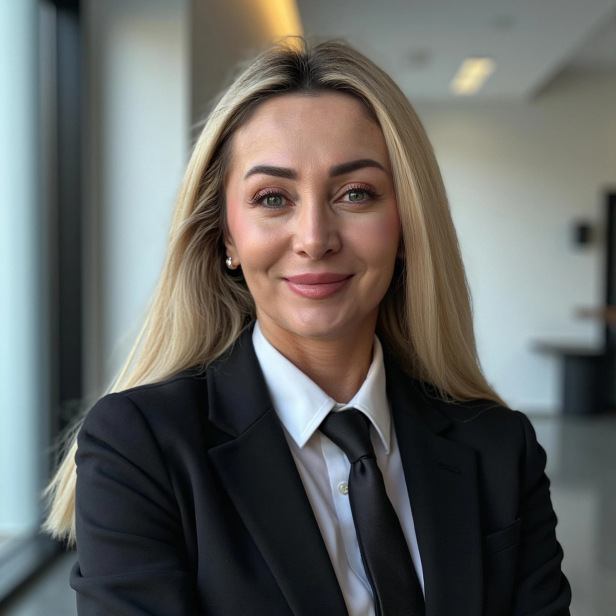 Professional headshot example: Woman Office Black Suit Smiling 17 — LinkedInHeadshots.ai