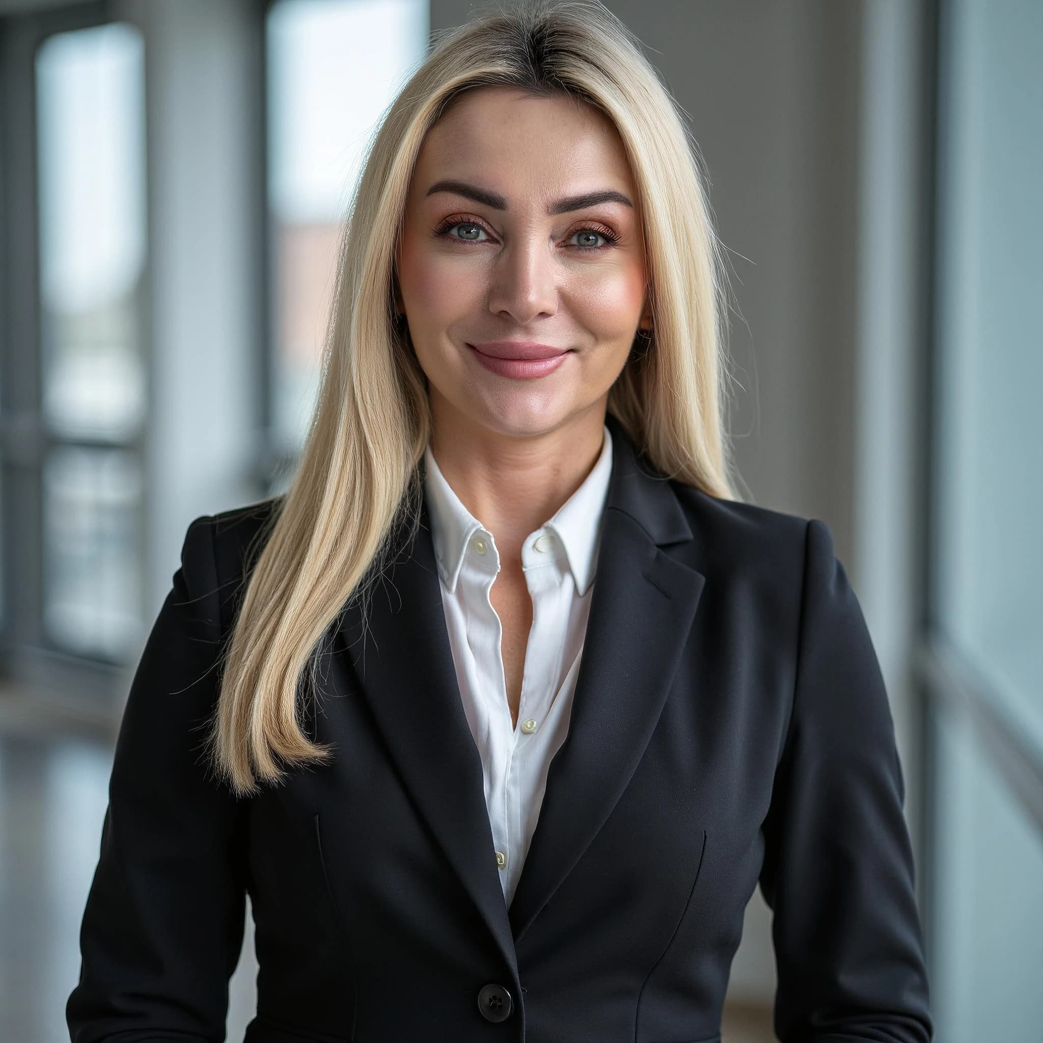 Professional headshot example: Woman Office Black Suit Smiling 3 — LinkedInHeadshots.ai