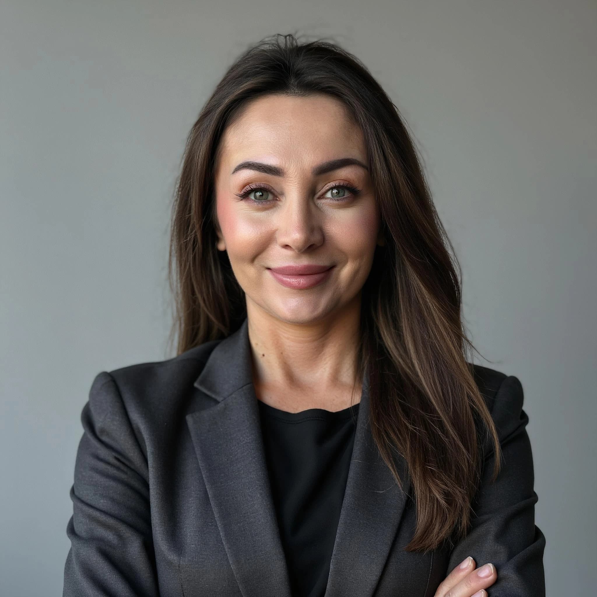 Professional headshot example: Woman Office Black Suit Smiling 5 — LinkedInHeadshots.ai