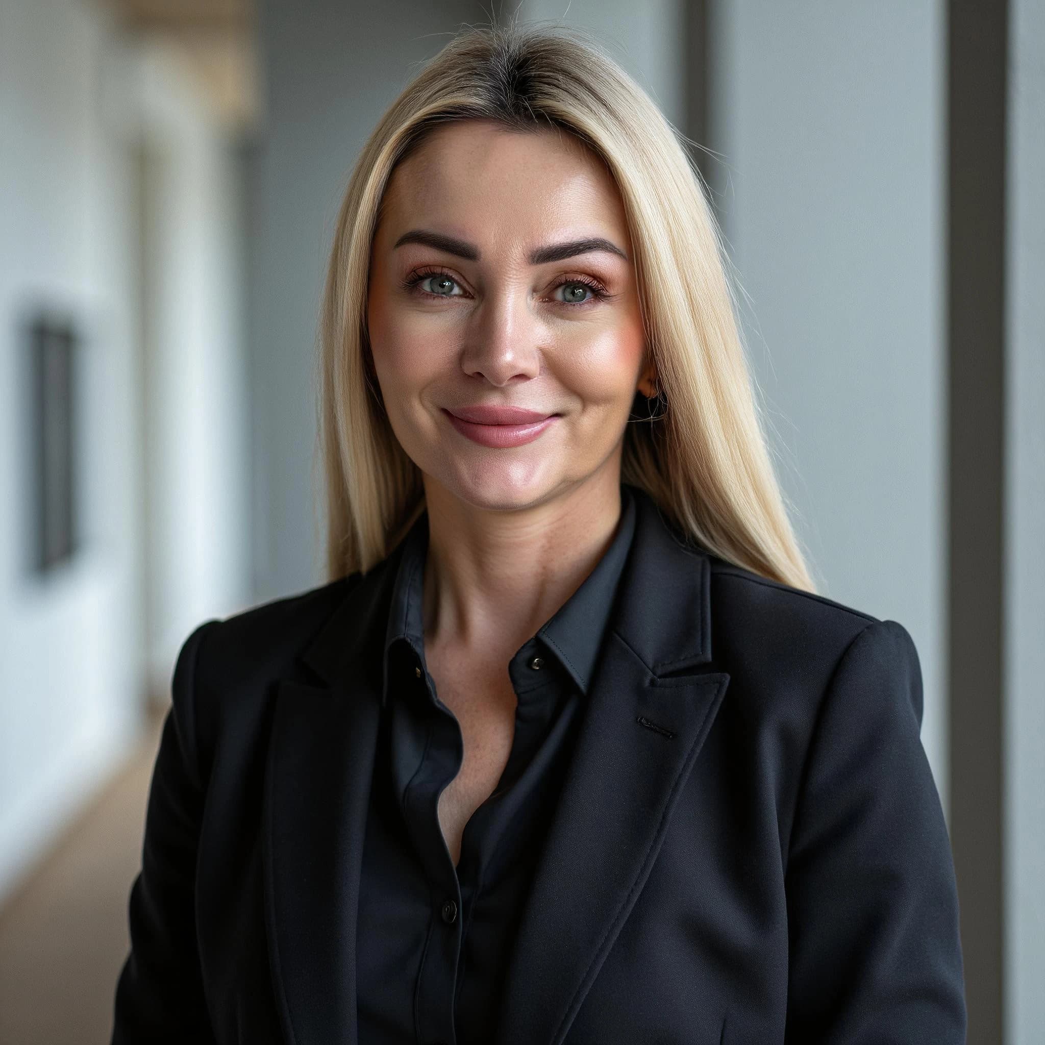 Professional headshot example: Woman Office Black Suit Smiling 7 — LinkedInHeadshots.ai