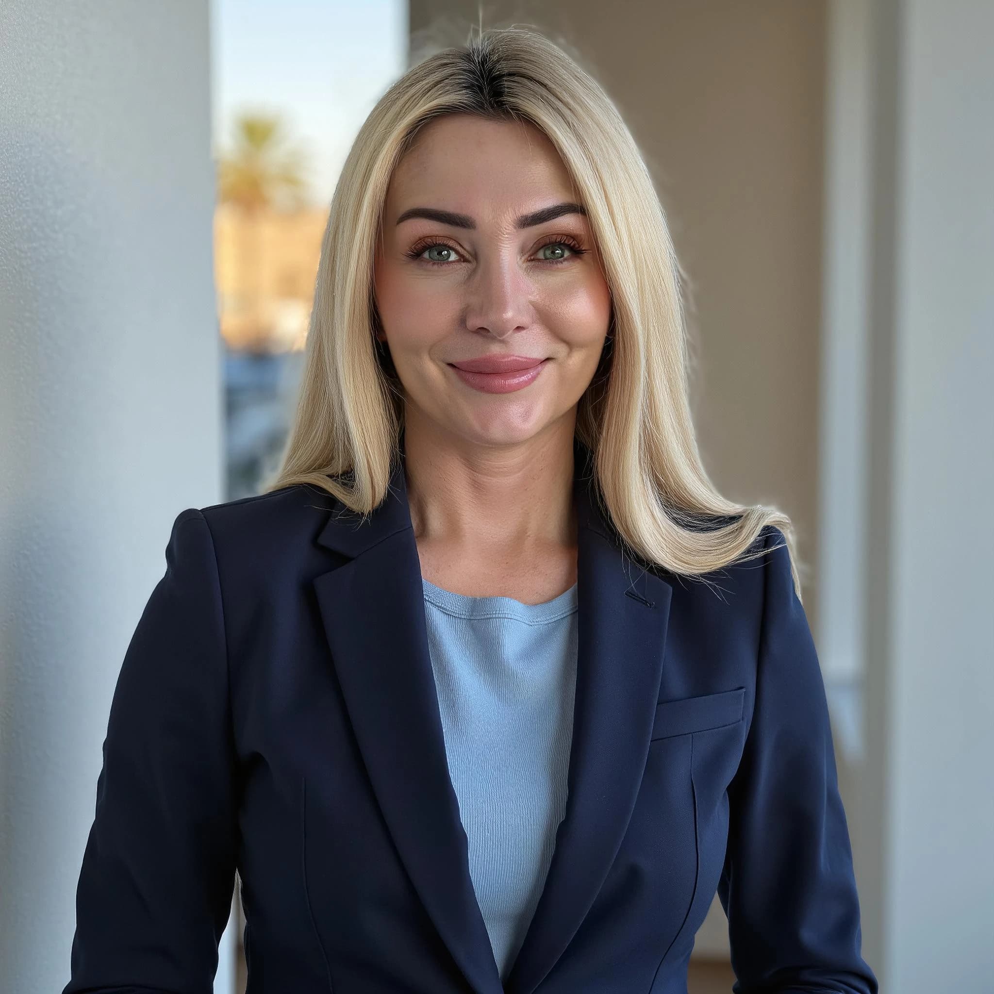 Professional headshot example: Woman Office Blue Blazer Smiling 3 — LinkedInHeadshots.ai