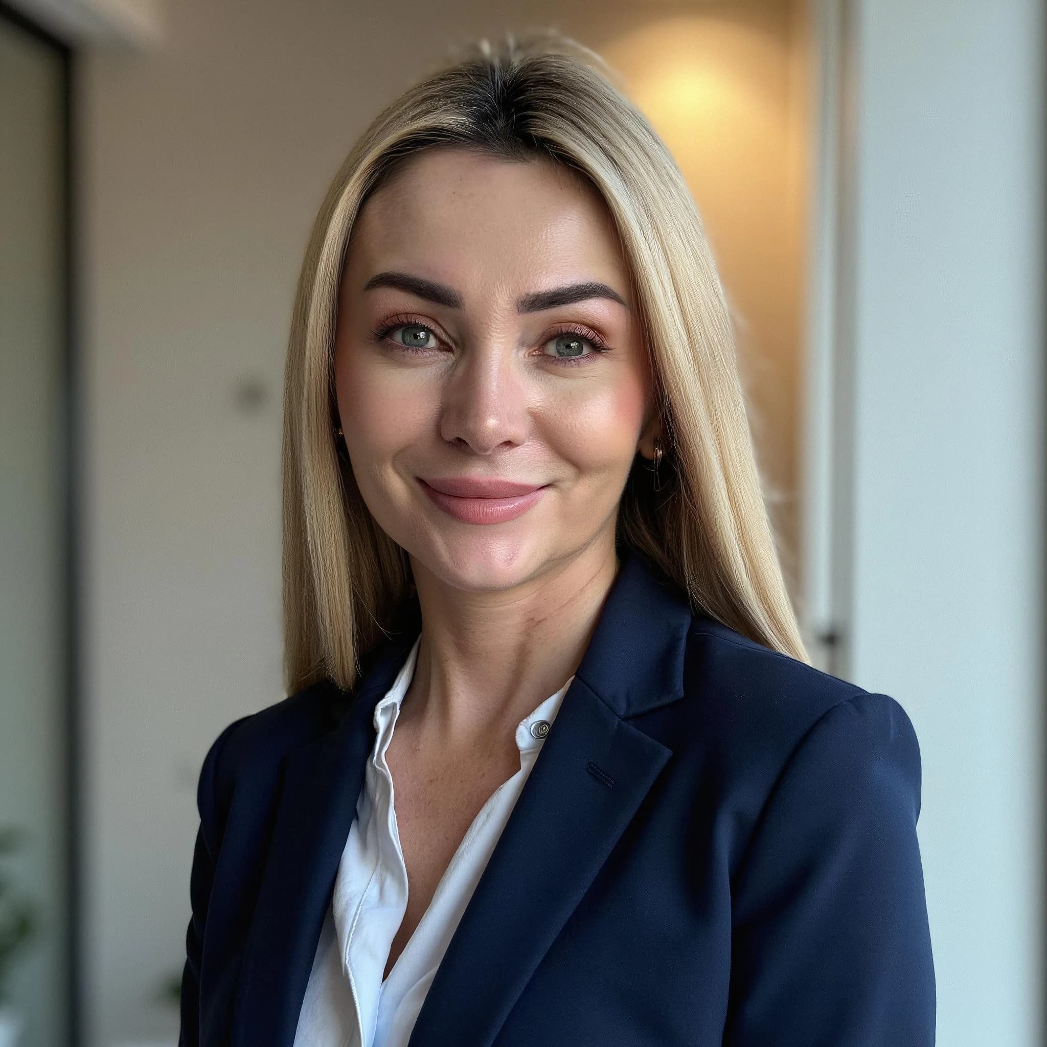 Professional headshot example: Woman Office Blue Blazer Smiling 4 — LinkedInHeadshots.ai