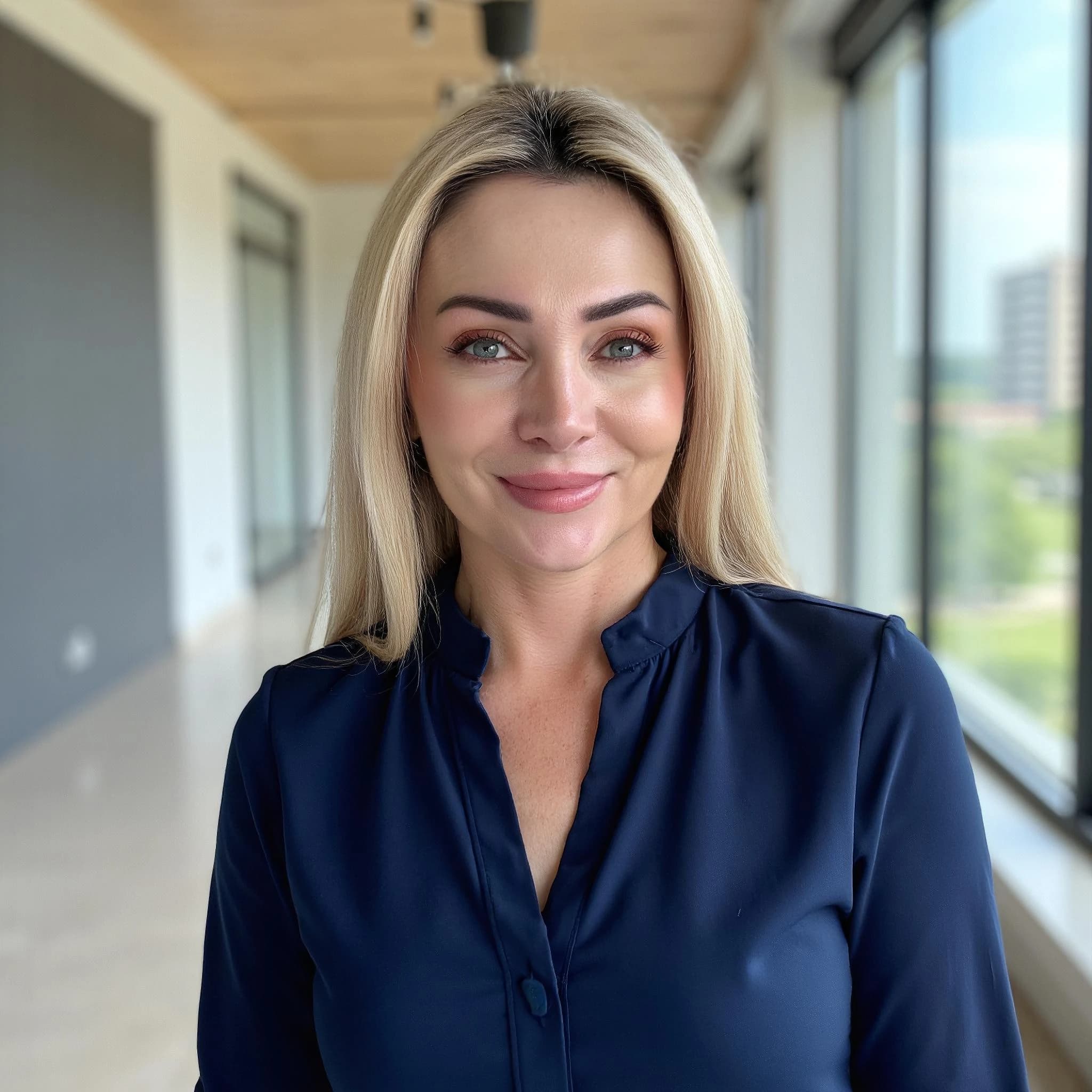 Professional headshot example: Woman Office Blue Blouse Smiling — LinkedInHeadshots.ai