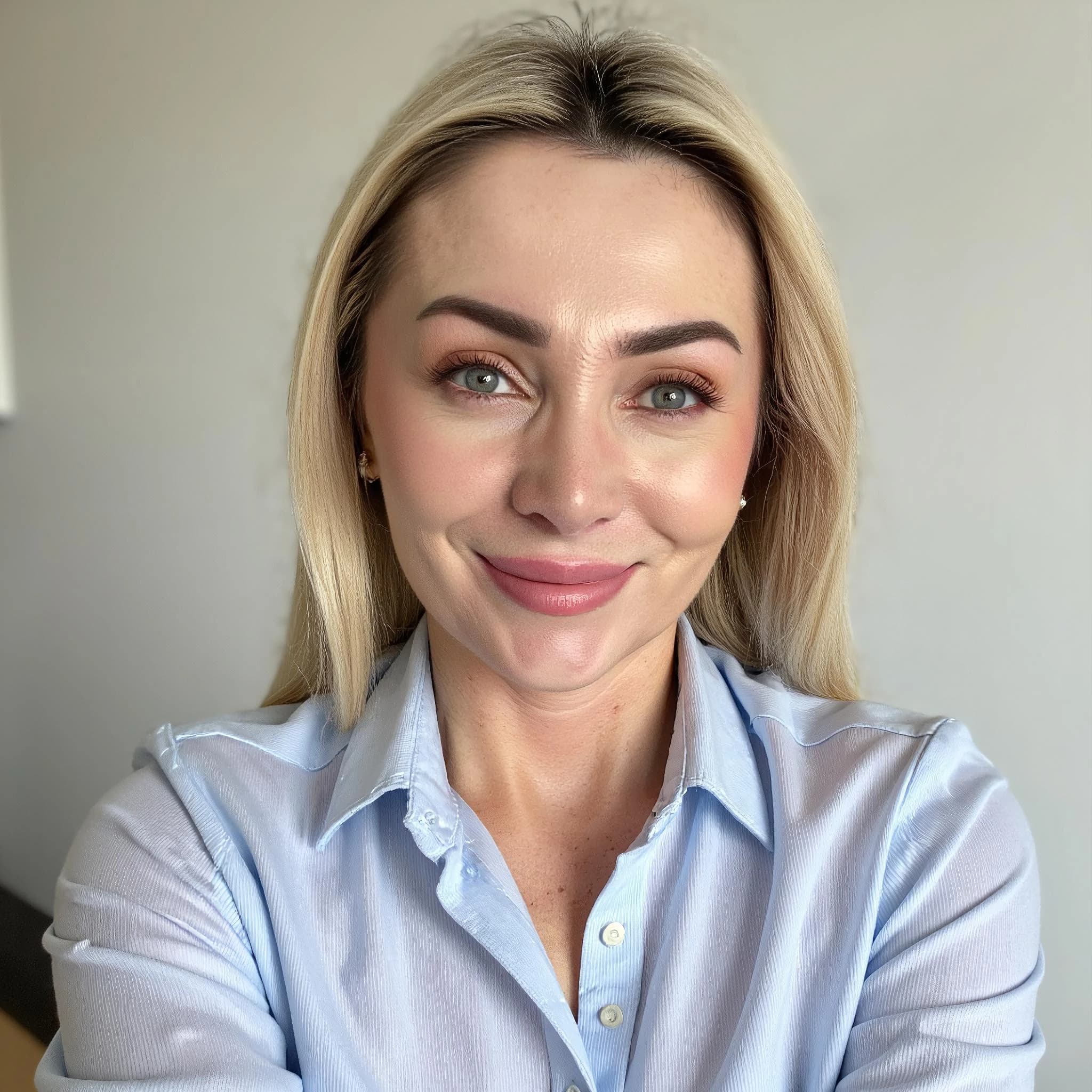 Professional headshot example: Woman Office Blue Shirt Smiling — LinkedInHeadshots.ai