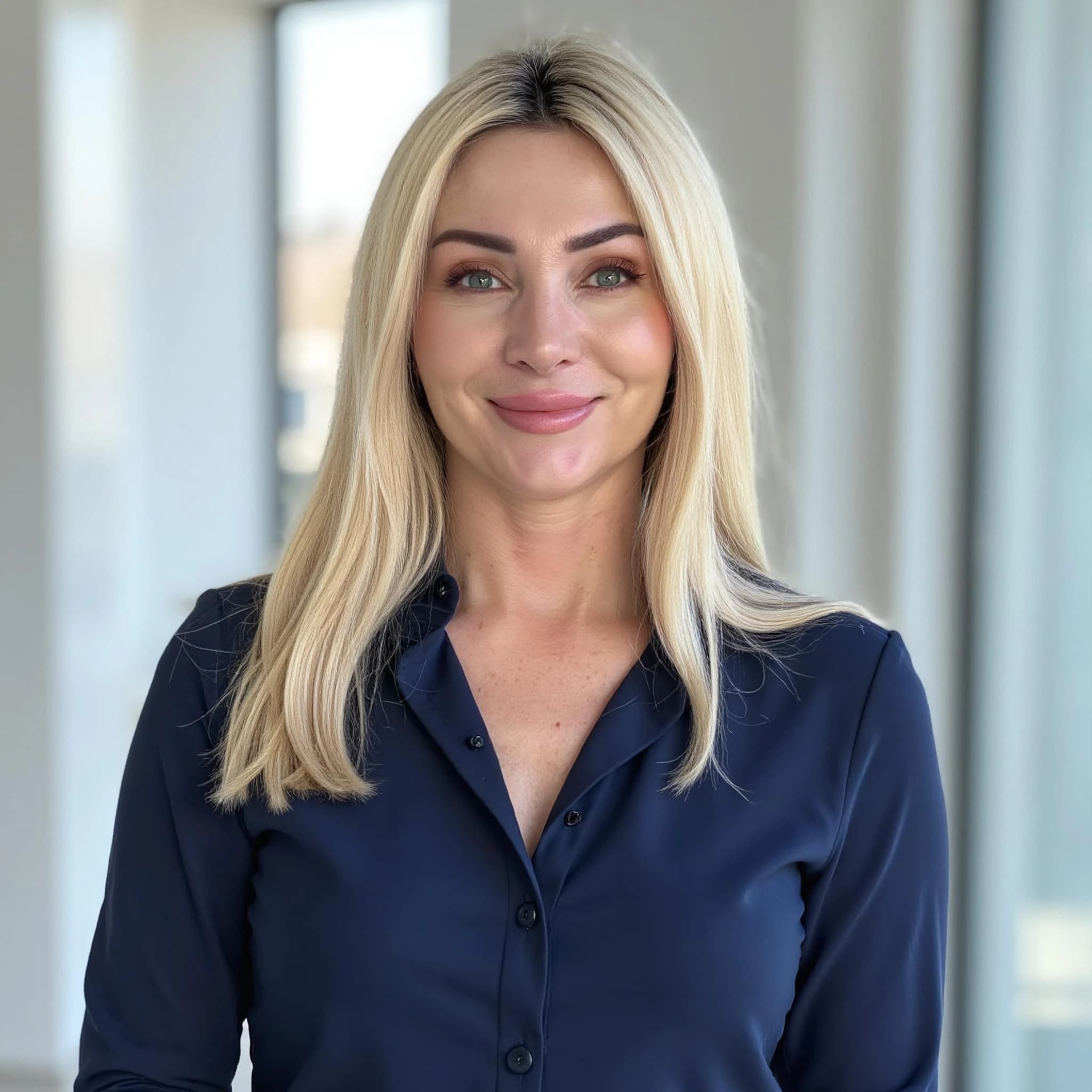 Professional headshot example: Woman Office Blue Shirt Smiling 4 — LinkedInHeadshots.ai