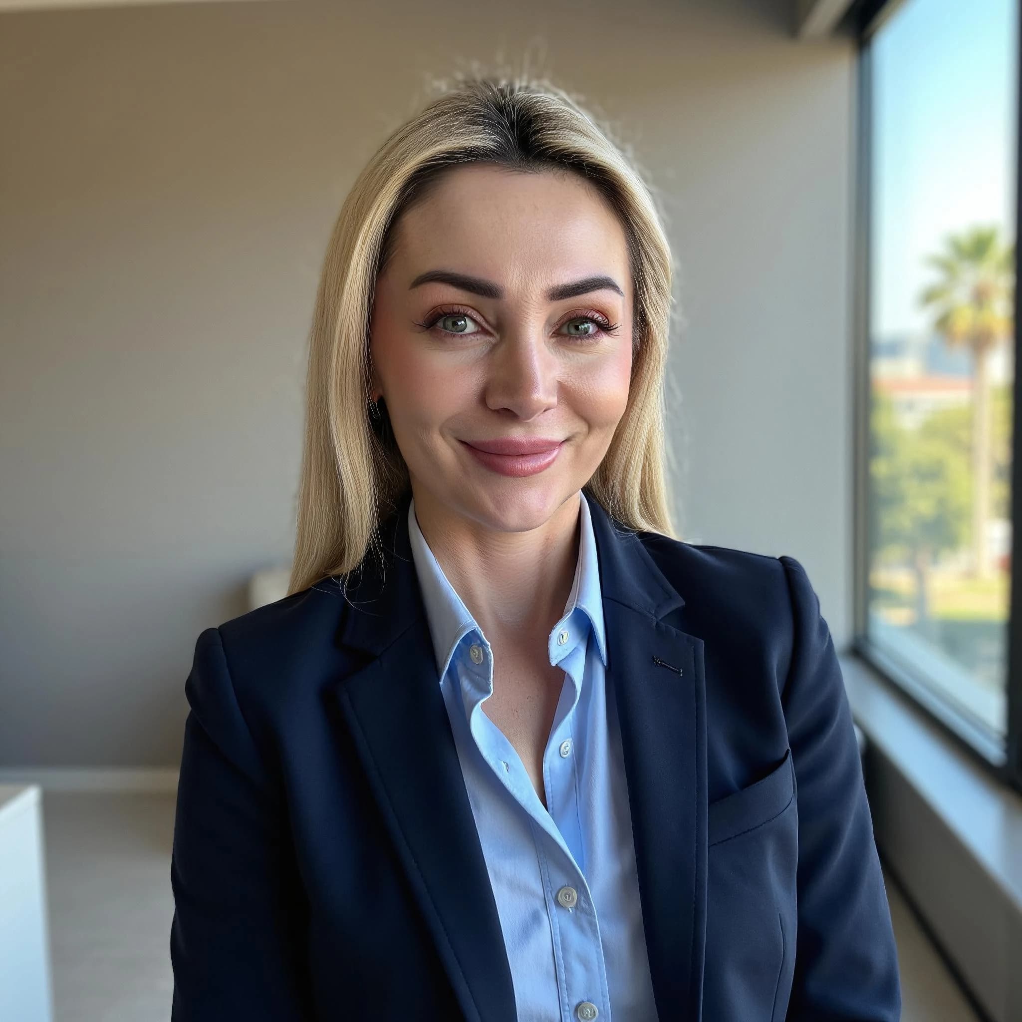 Professional headshot example: Woman Office Blue Shirt Smiling 7 — LinkedInHeadshots.ai