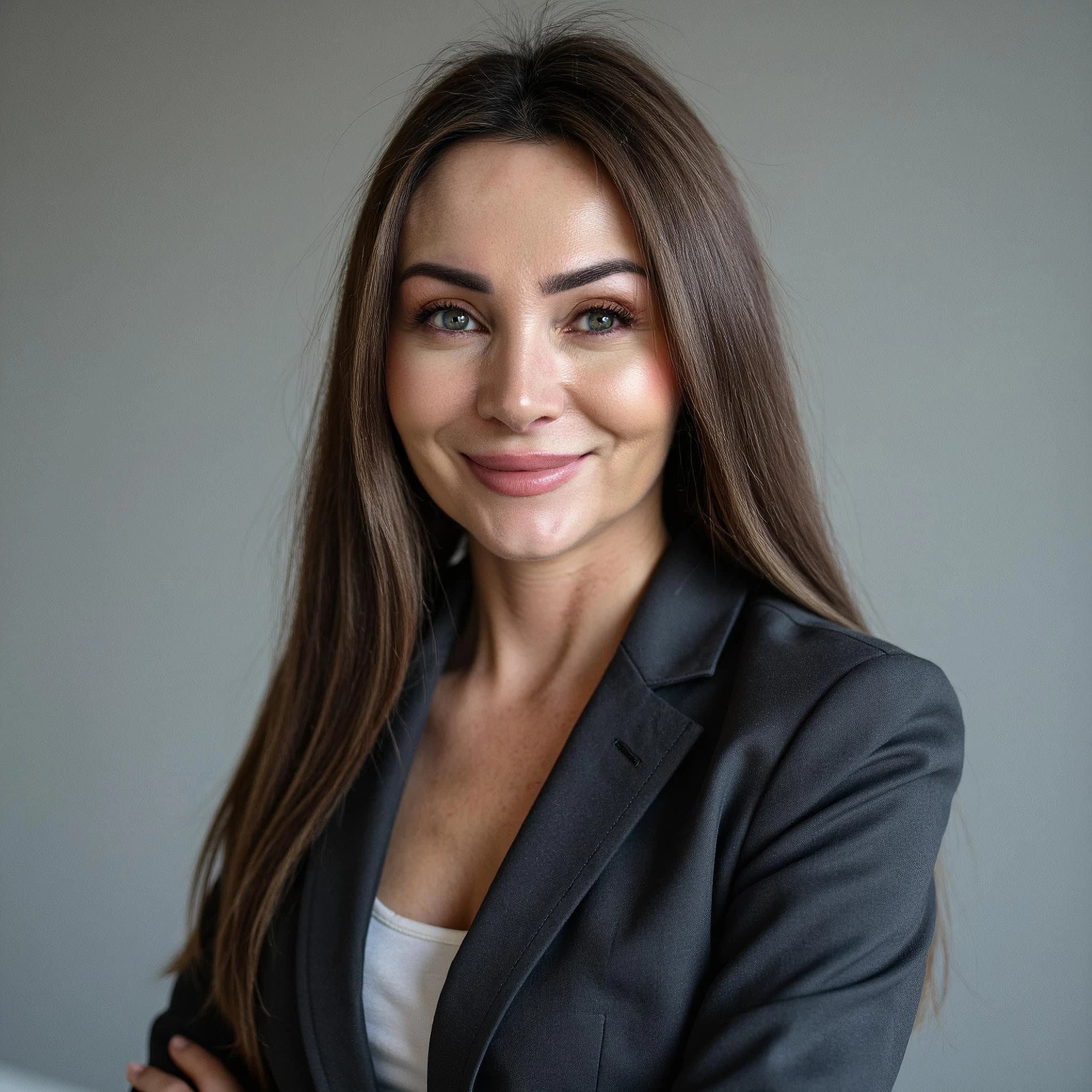 Professional headshot example: Woman Office Gray Blazer Smiling — LinkedInHeadshots.ai