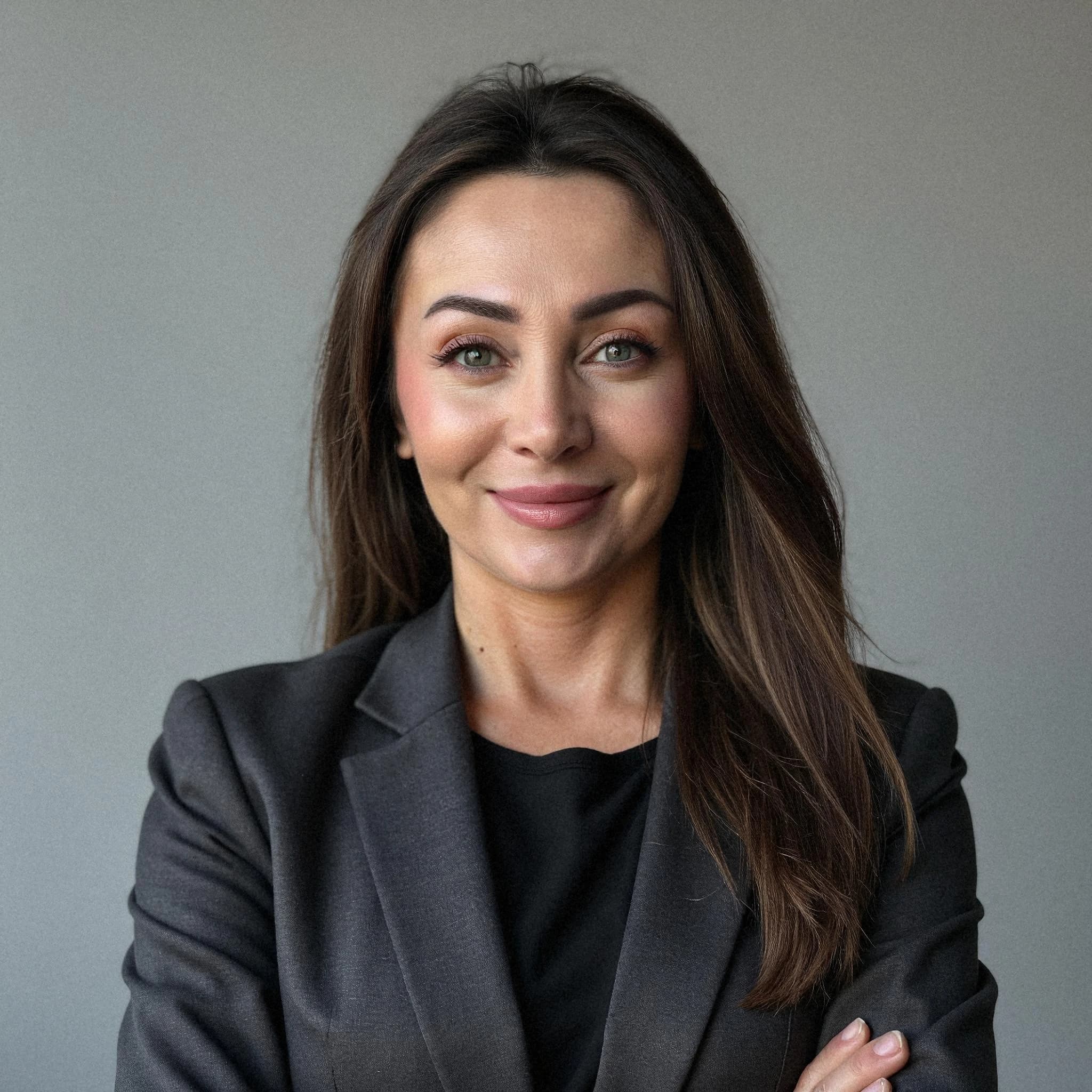 Professional headshot example: Woman Office Gray Blazer Smiling 3 — LinkedInHeadshots.ai