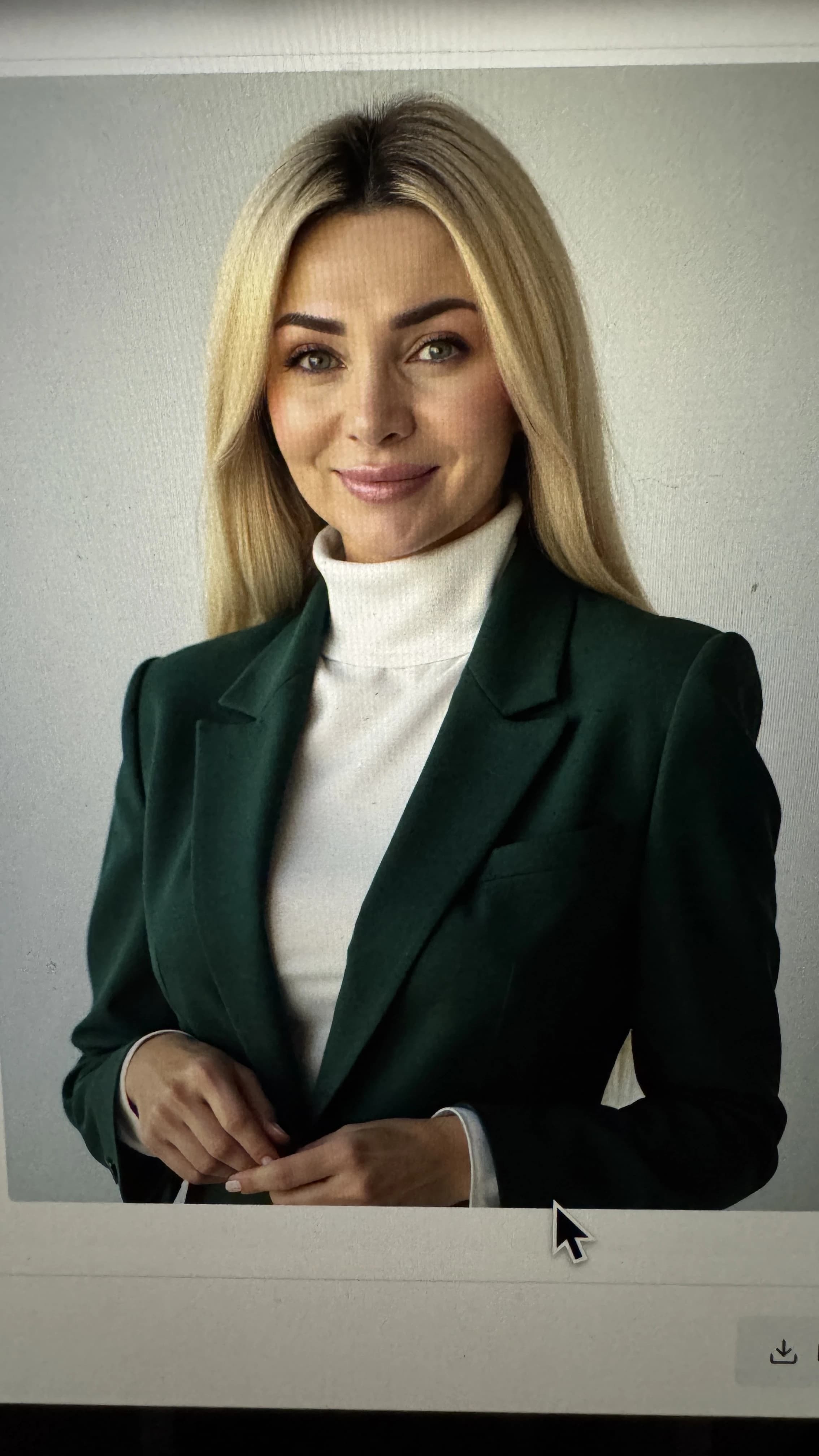 Professional headshot example: Woman Office Green Blazer Smiling — LinkedInHeadshots.ai
