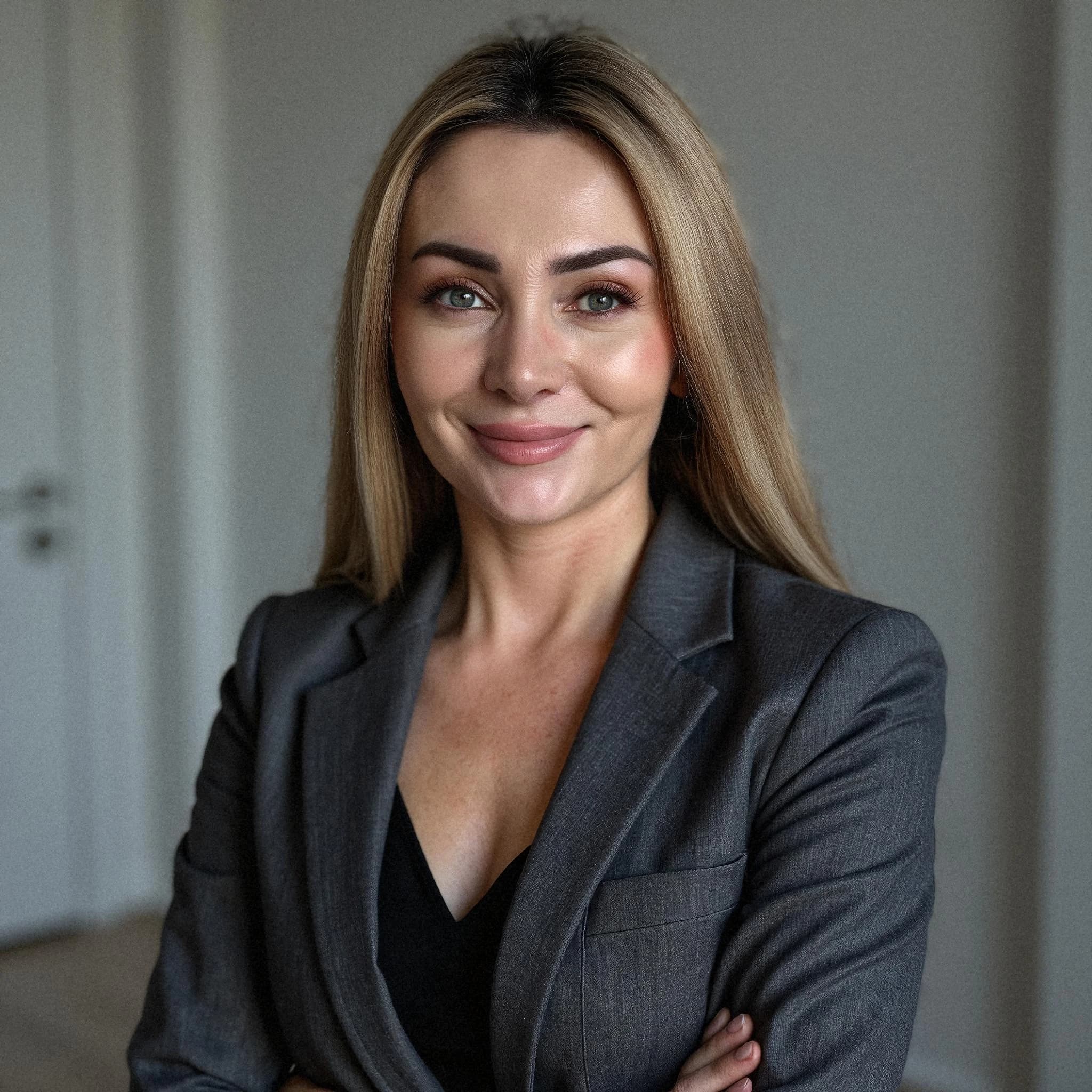 Professional headshot example: Woman Office Grey Blazer Smiling — LinkedInHeadshots.ai