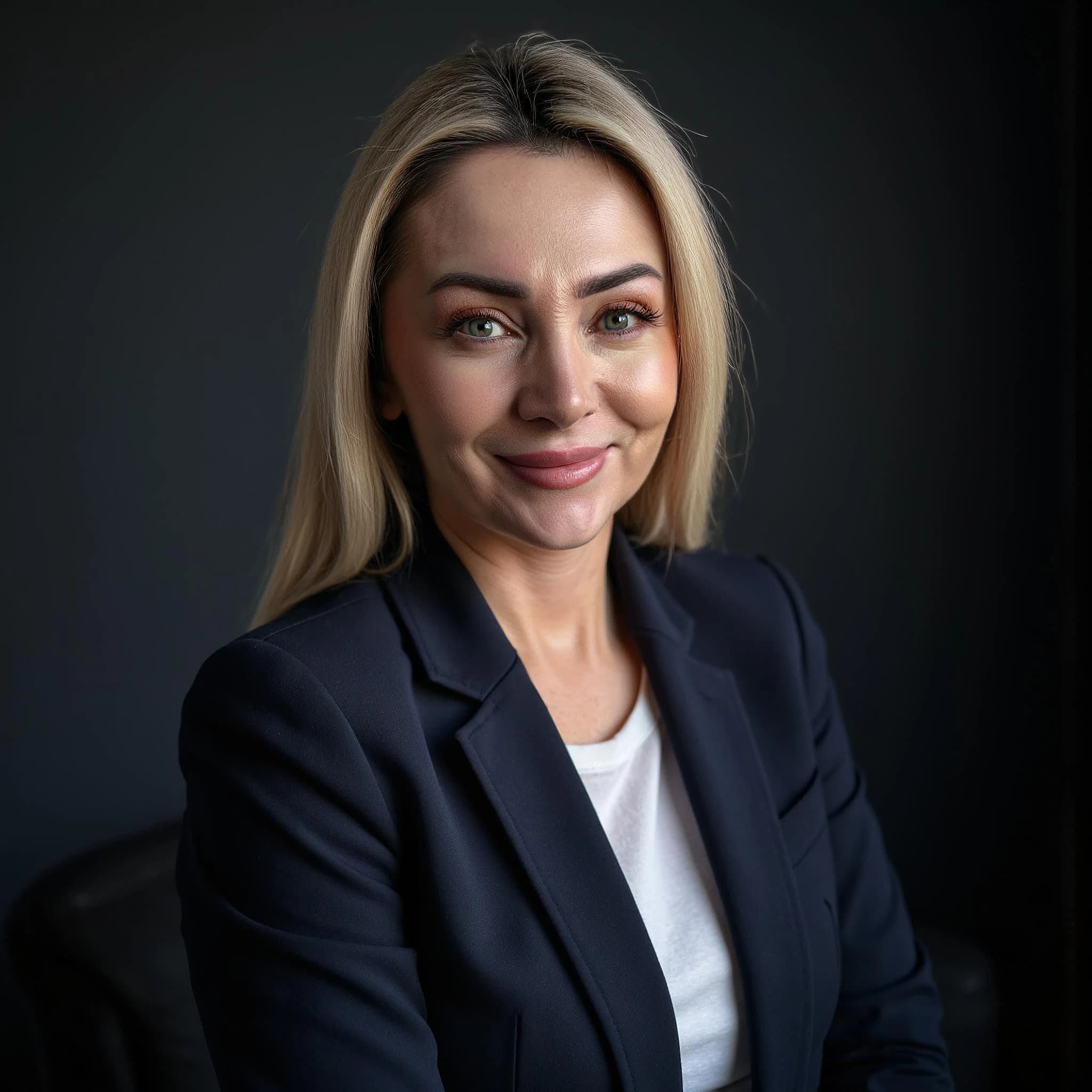 Professional headshot example: Woman Office Navy Blazer Smiling — LinkedInHeadshots.ai