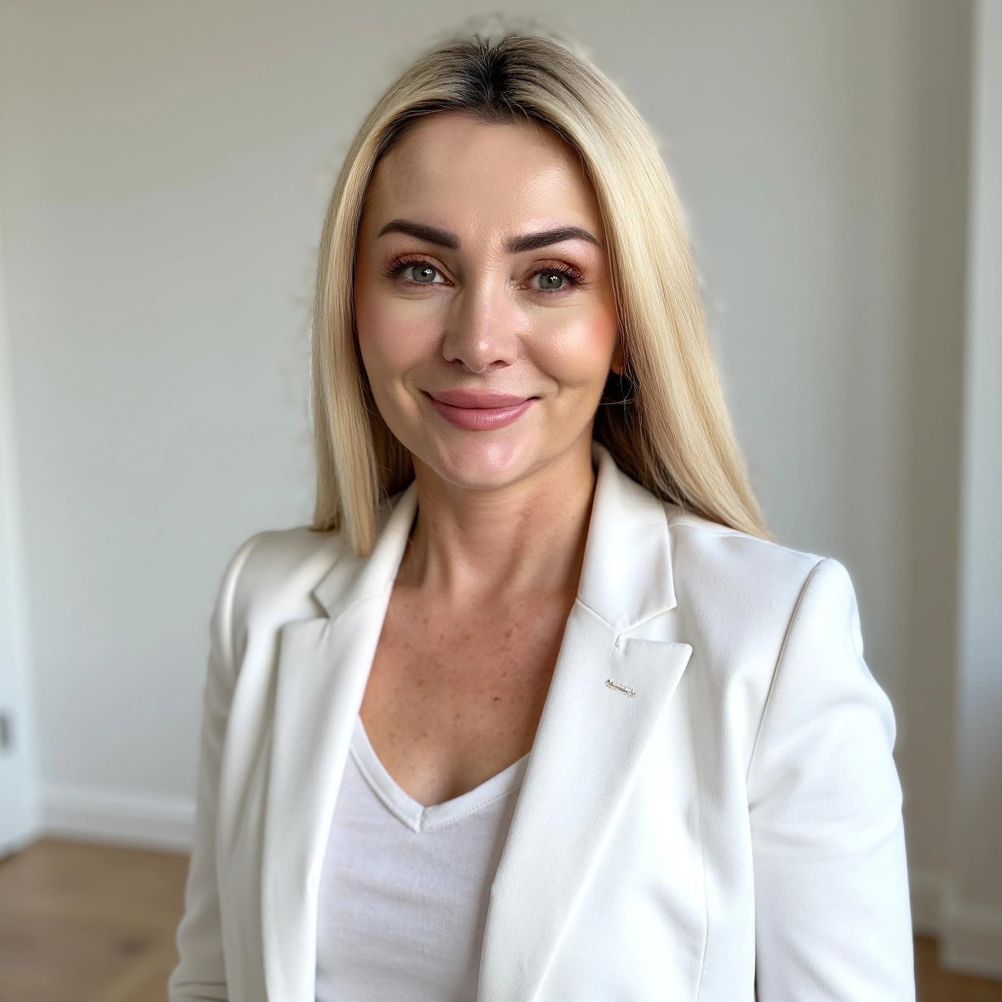 Professional headshot example: Woman Office White Blazer Smiling — LinkedInHeadshots.ai