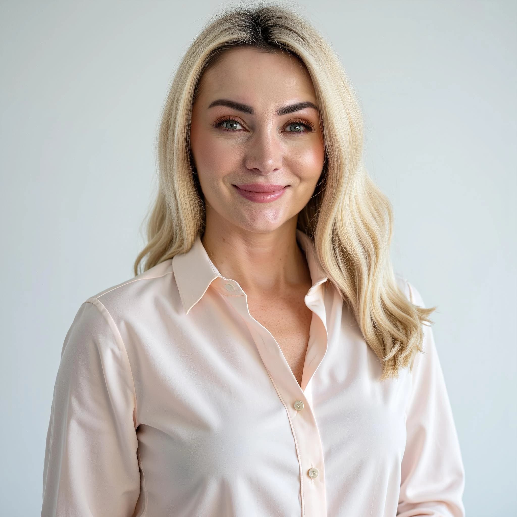 Professional headshot example: Woman Office White Blouse Smiling — LinkedInHeadshots.ai