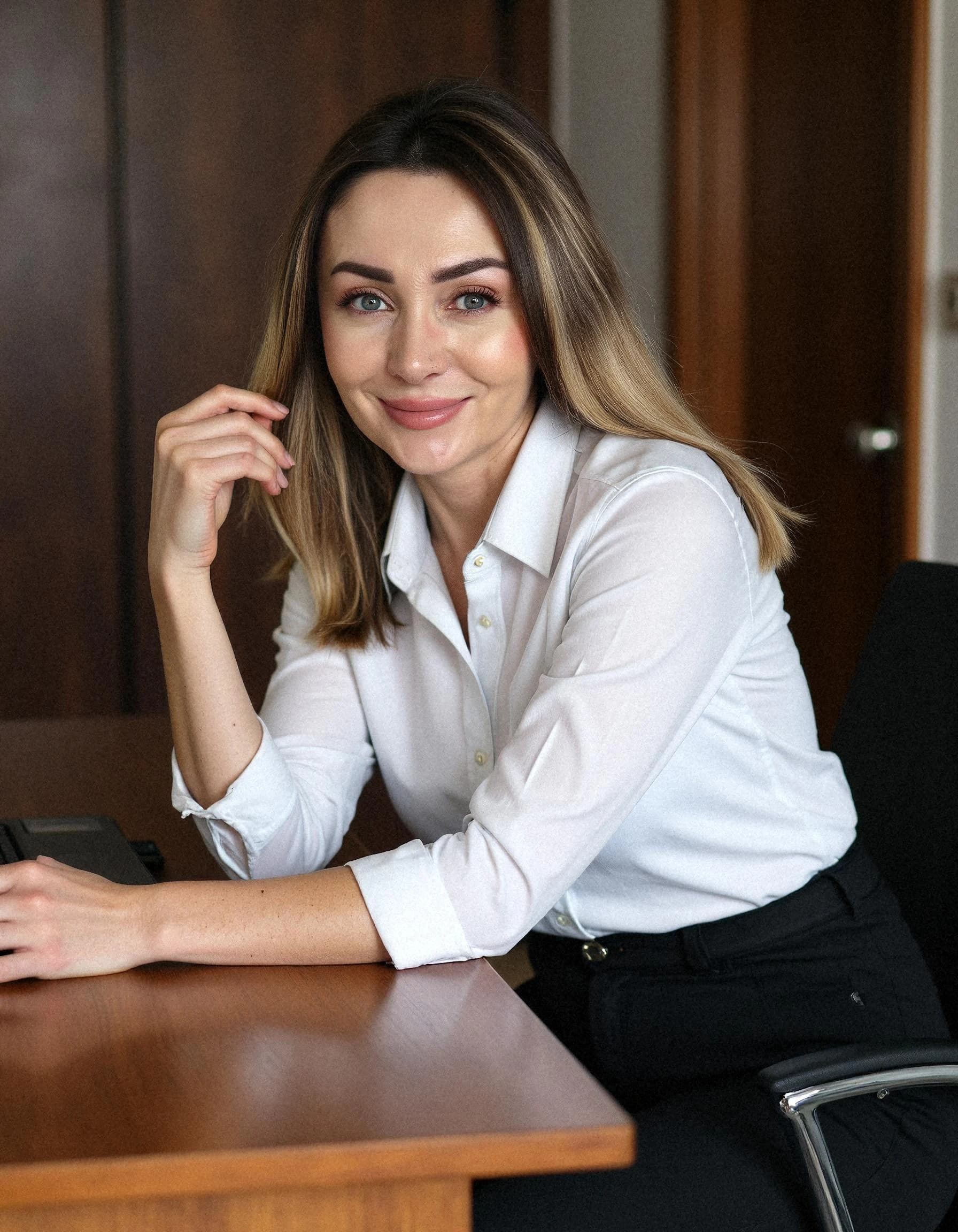 Professional headshot example: Woman Office White Shirt Smiling 10 — LinkedInHeadshots.ai