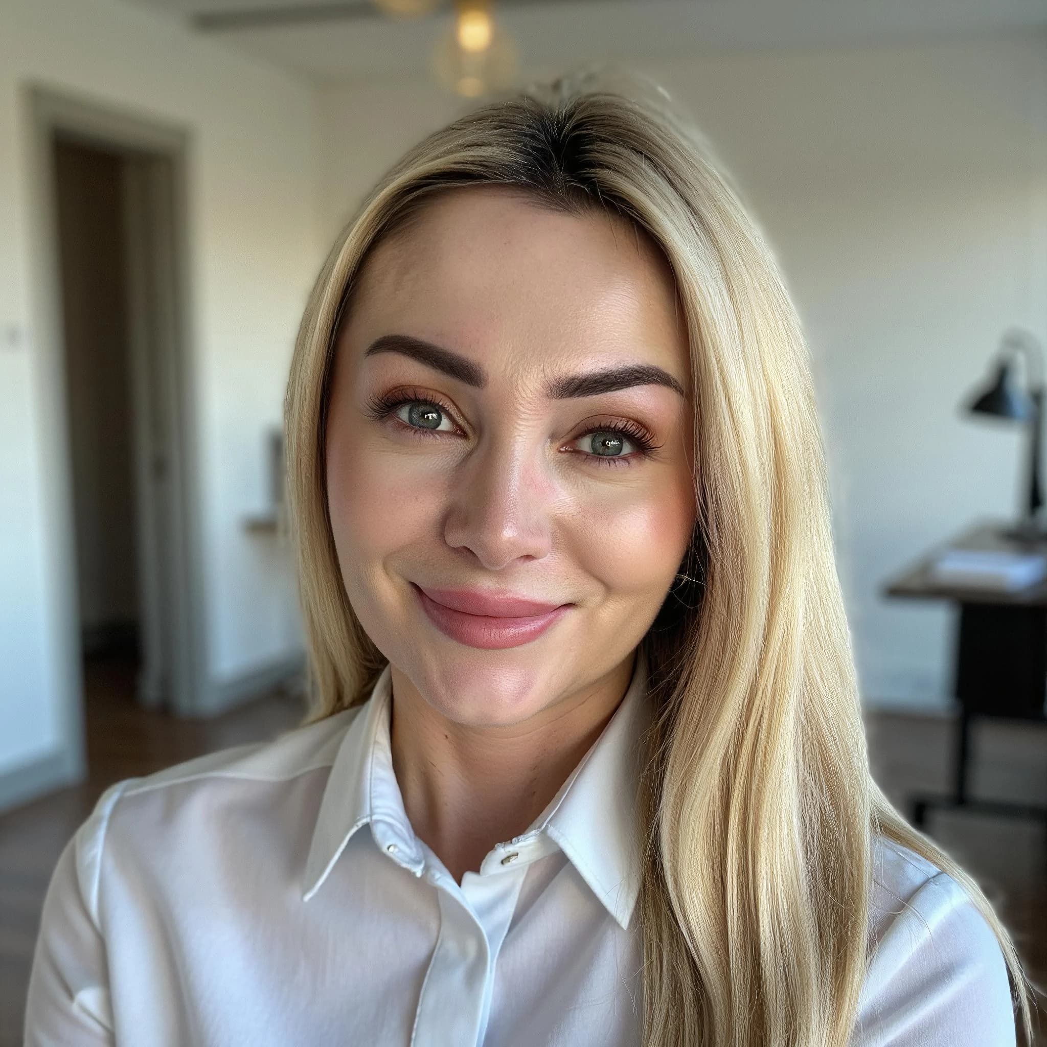 Professional headshot example: Woman Office White Shirt Smiling 2 — LinkedInHeadshots.ai