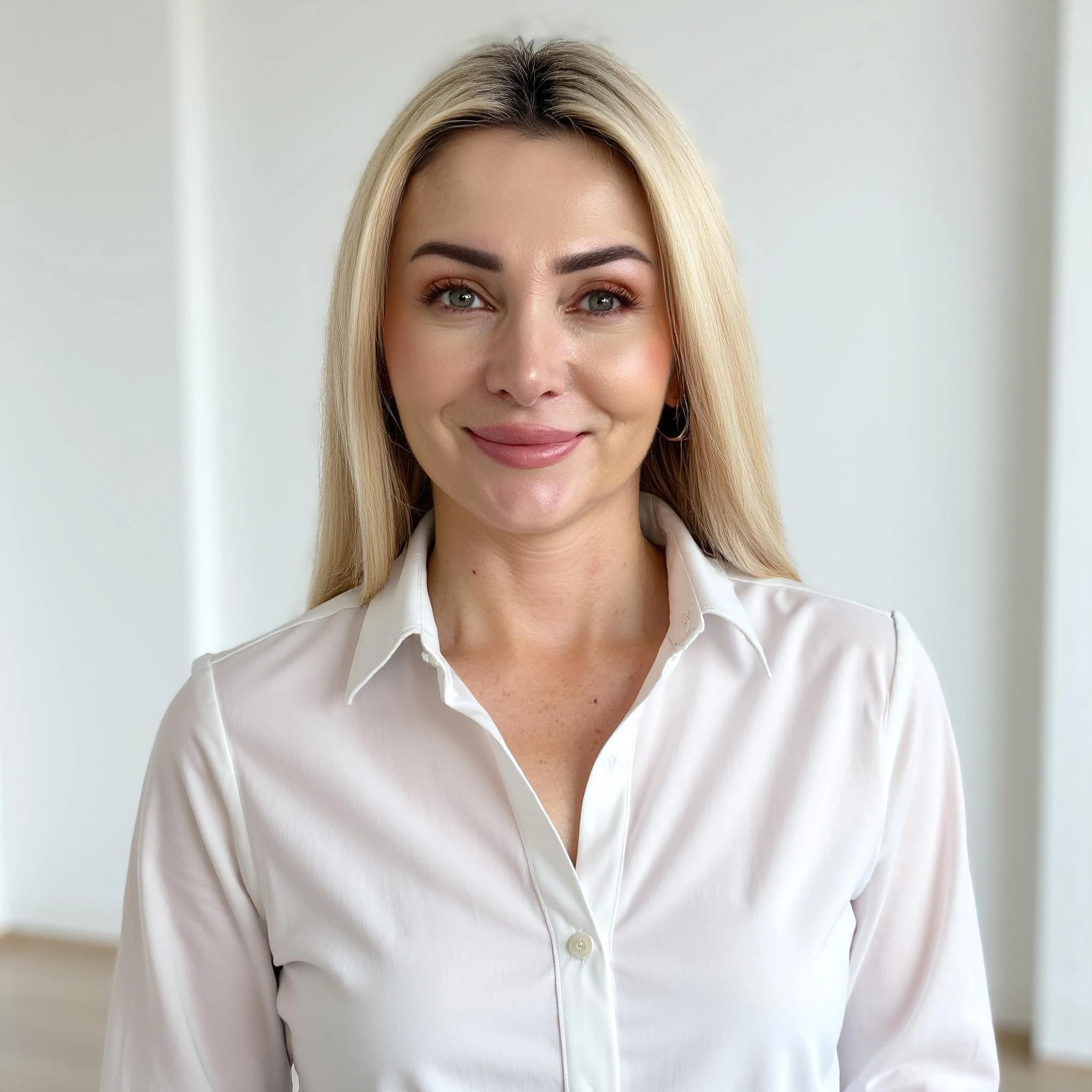 Professional headshot example: Woman Office White Shirt Smiling 5 — LinkedInHeadshots.ai