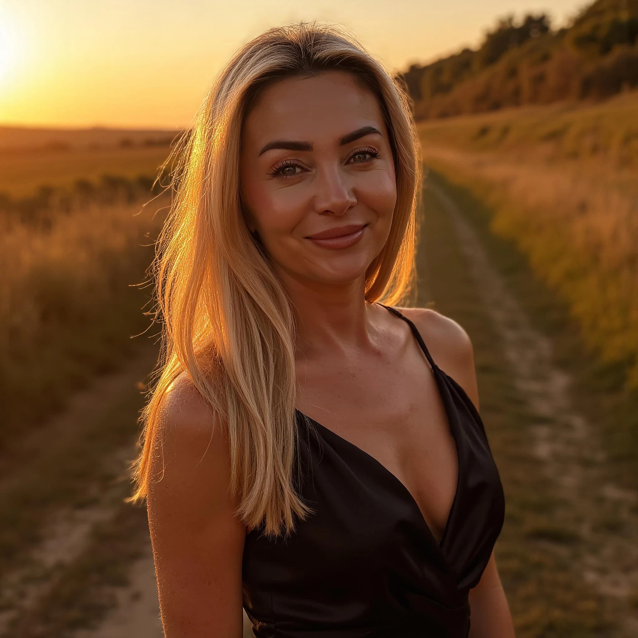 Professional headshot example: Woman Outdoors Black Dress Smiling — LinkedInHeadshots.ai