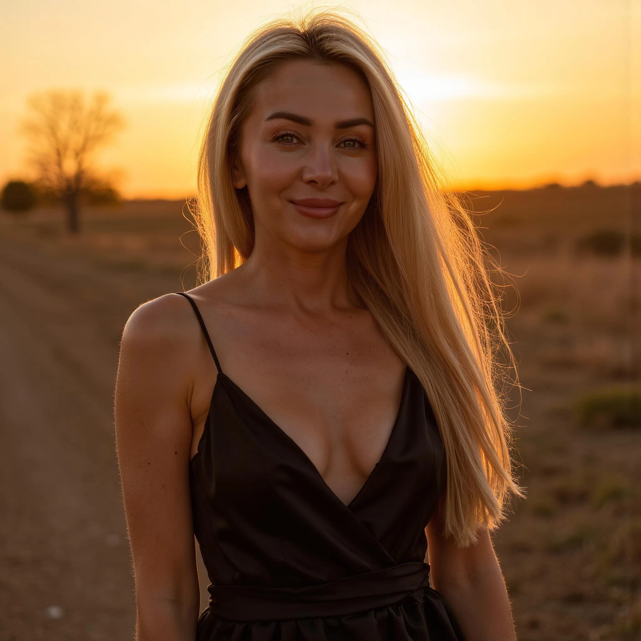 Professional headshot example: Woman Outdoors Black Dress Smiling 4 — LinkedInHeadshots.ai