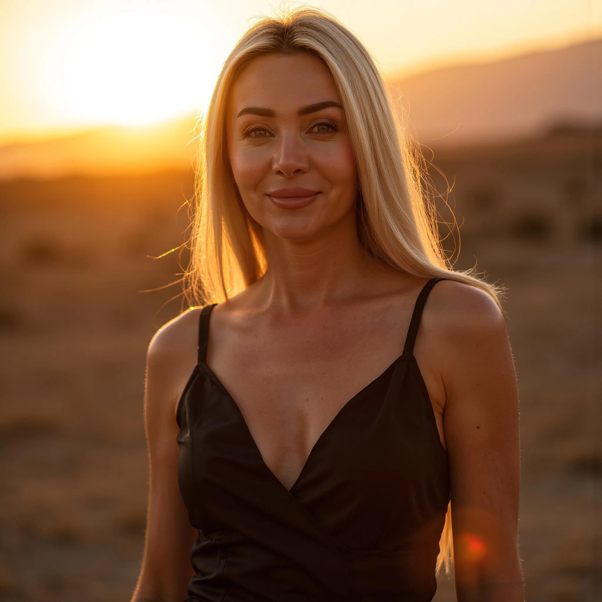 Professional headshot example: Woman Outdoors Black Dress Sunset — LinkedInHeadshots.ai
