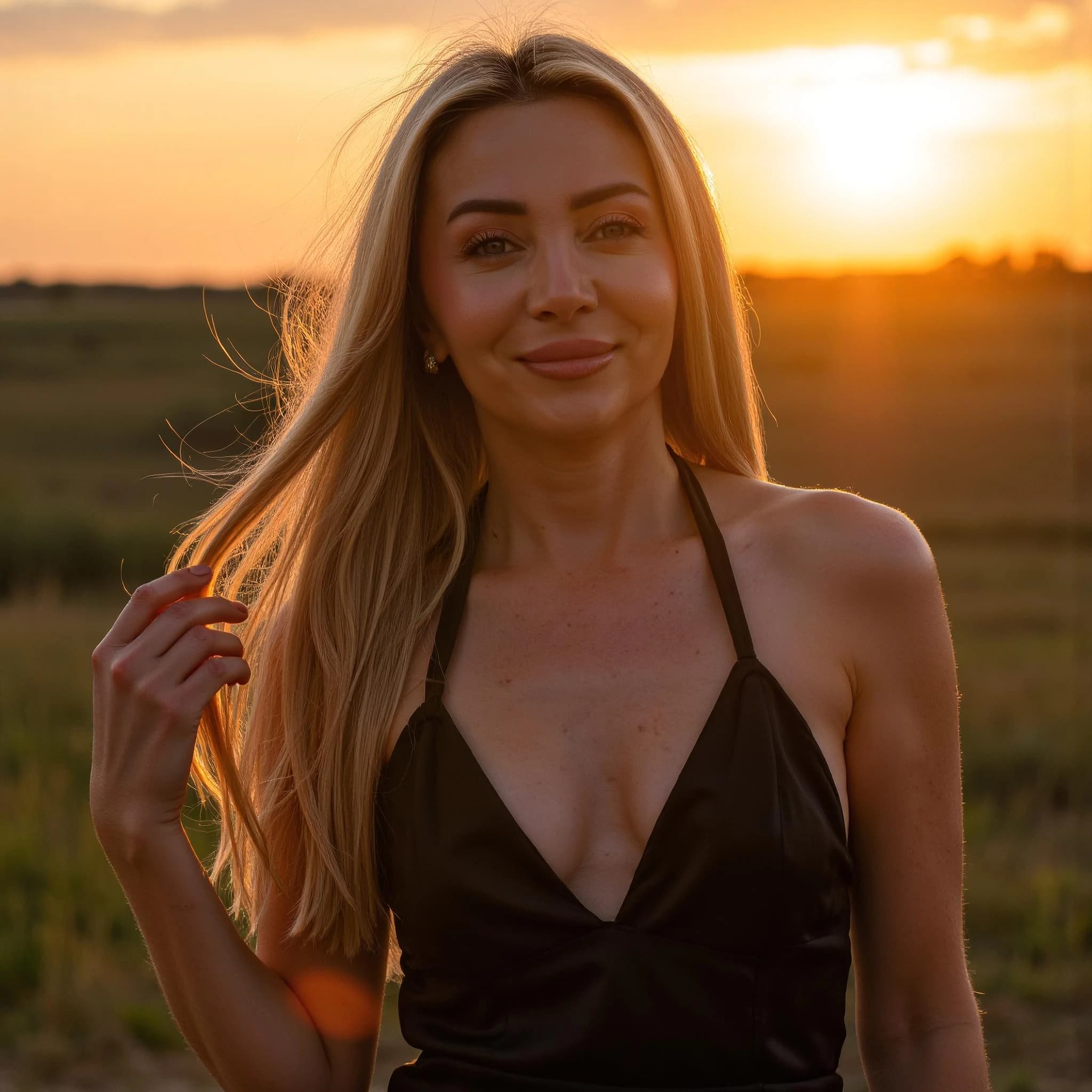 Professional headshot example: Woman Outdoors Black Dress Sunset 5 — LinkedInHeadshots.ai