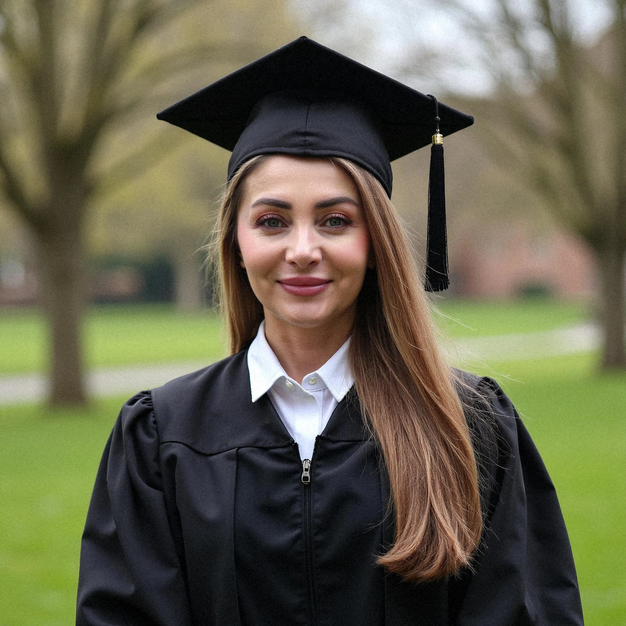 Professional headshot example: Woman Outdoors Graduation Cap Gown — LinkedInHeadshots.ai