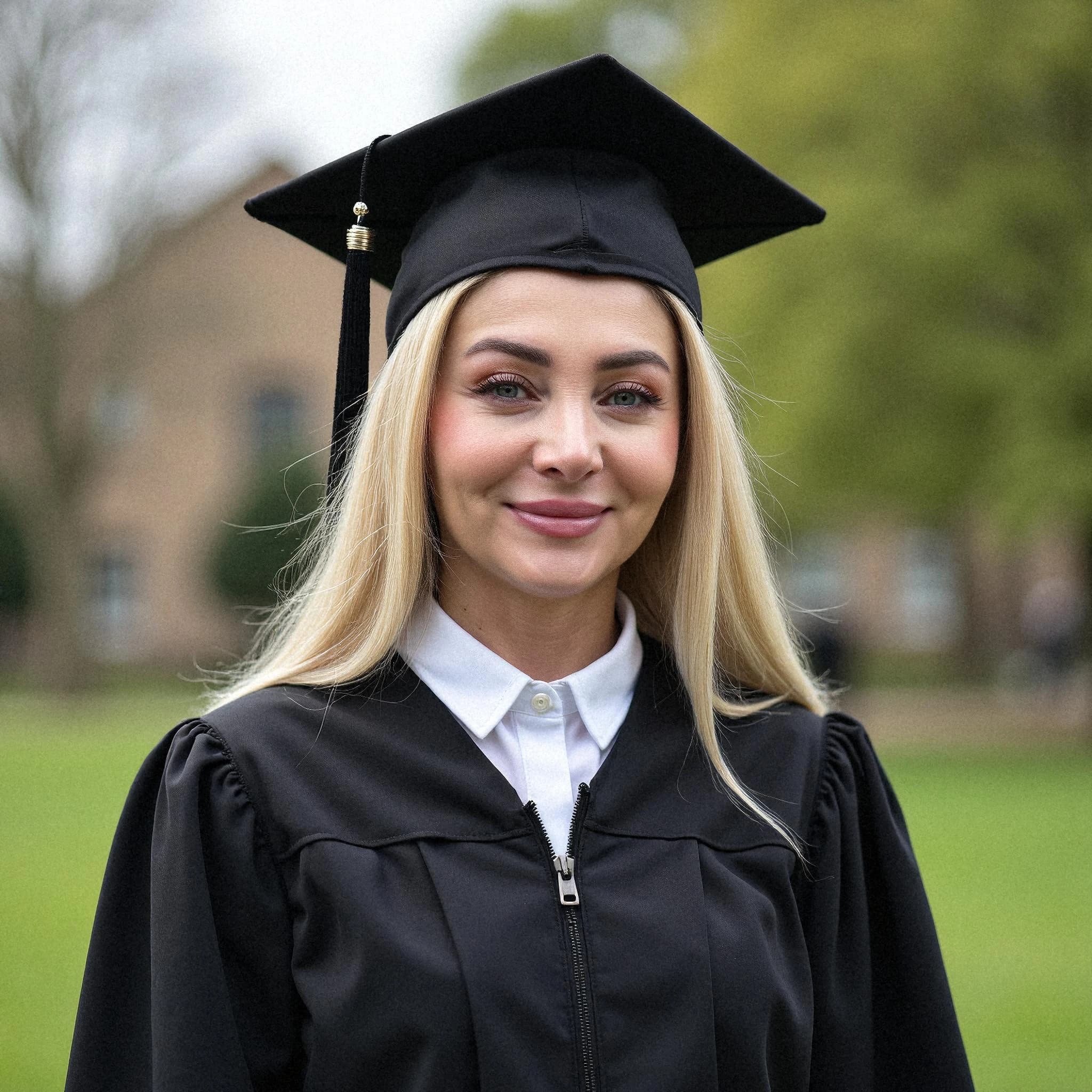 Professional headshot example: Woman Outdoors Graduation Cap Gown Smiling — LinkedInHeadshots.ai