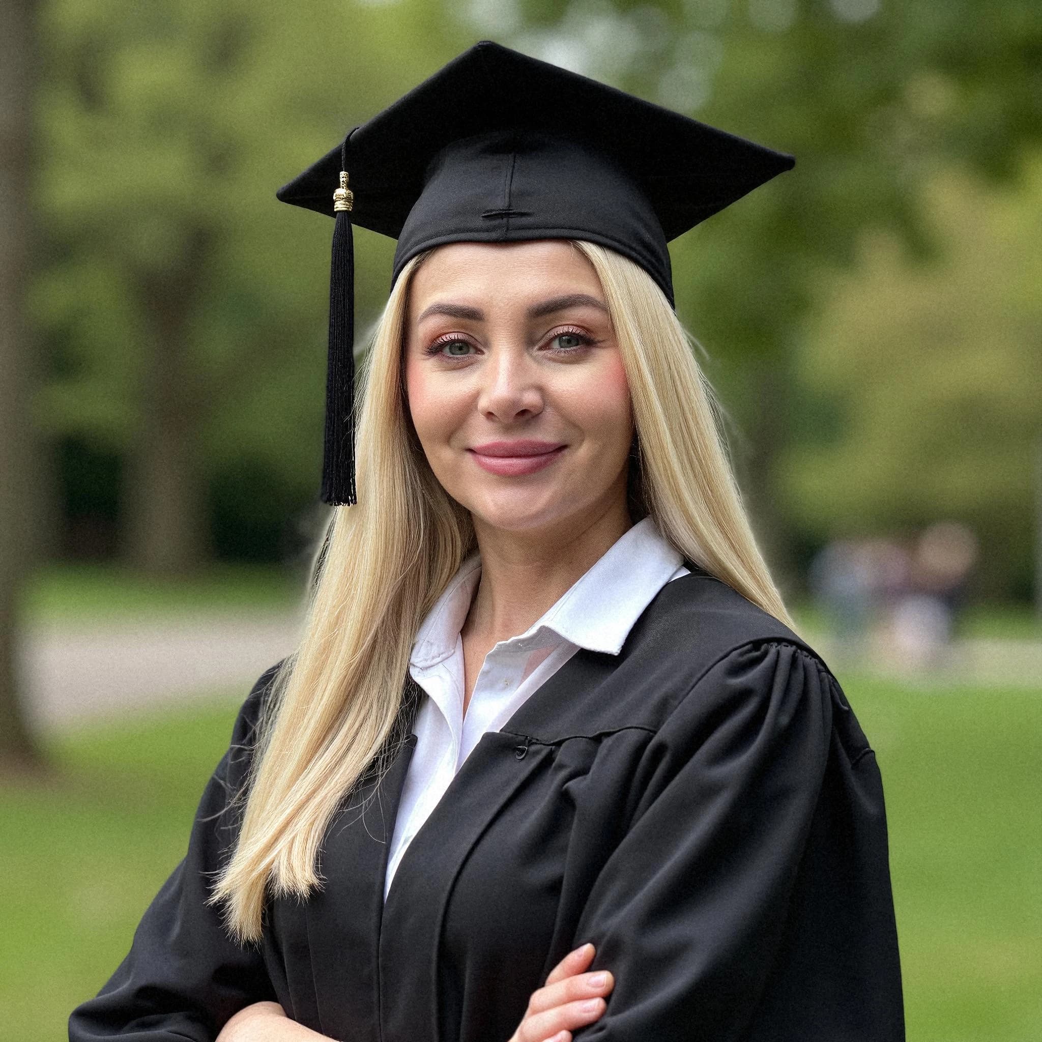 Professional headshot example: Woman Outdoors Graduation Gown Smiling — LinkedInHeadshots.ai