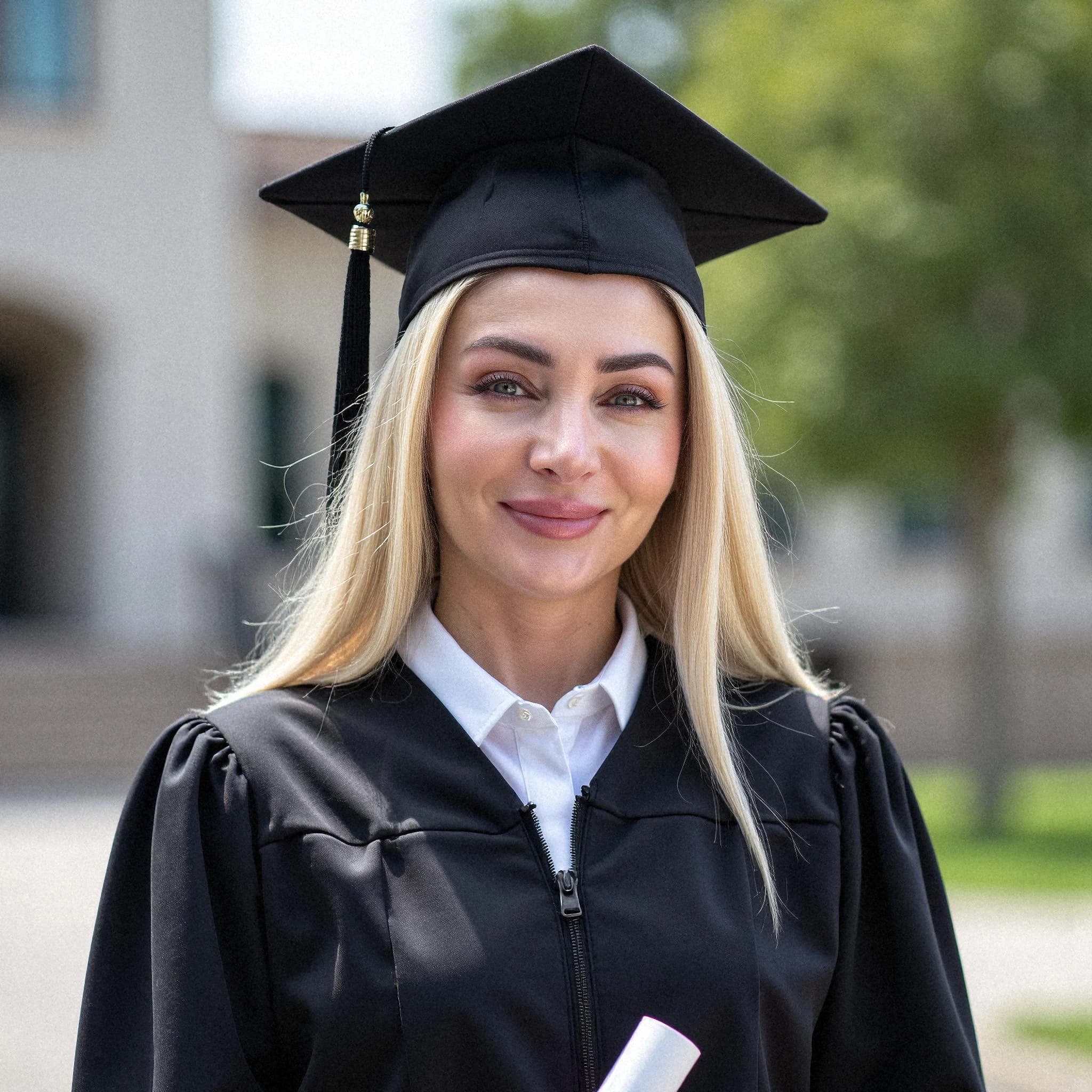 Professional headshot example: Woman Outdoors Graduation Gown Smiling 3 — LinkedInHeadshots.ai