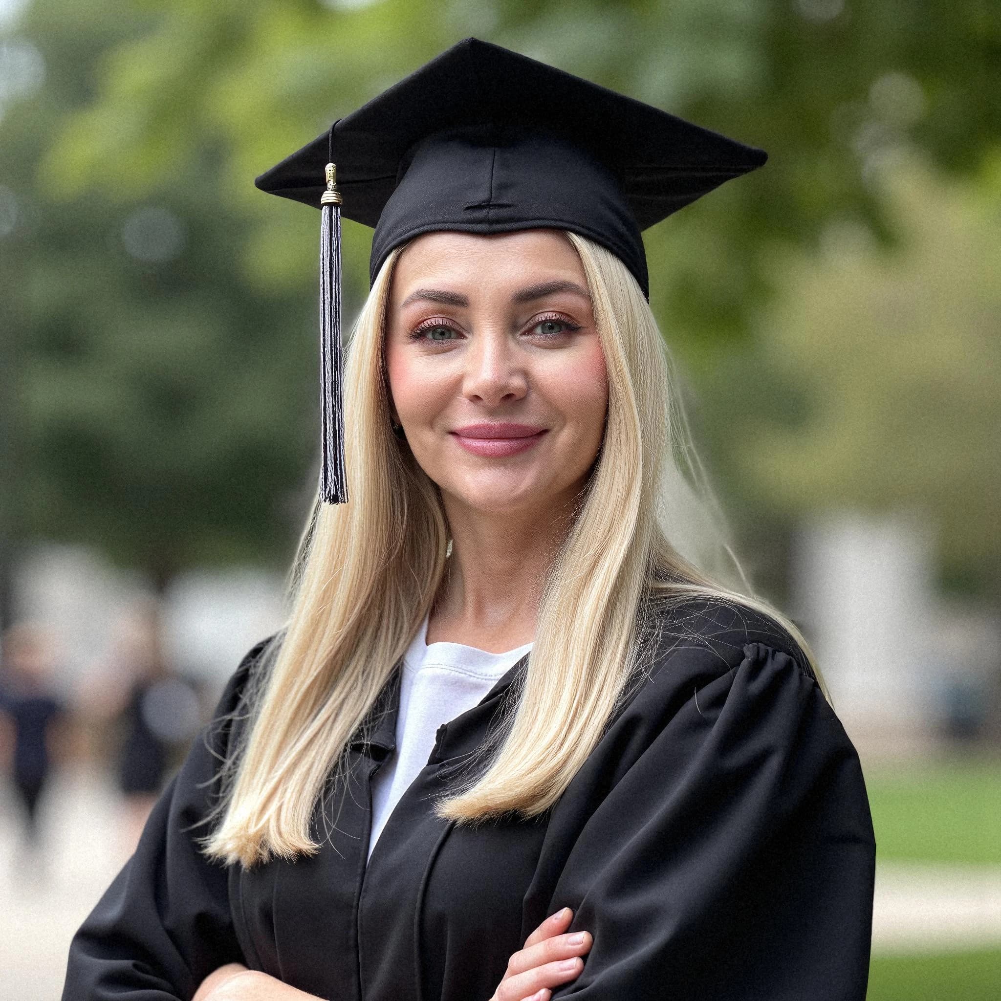Professional headshot example: Woman Outdoors Graduation Gown Smiling 5 — LinkedInHeadshots.ai
