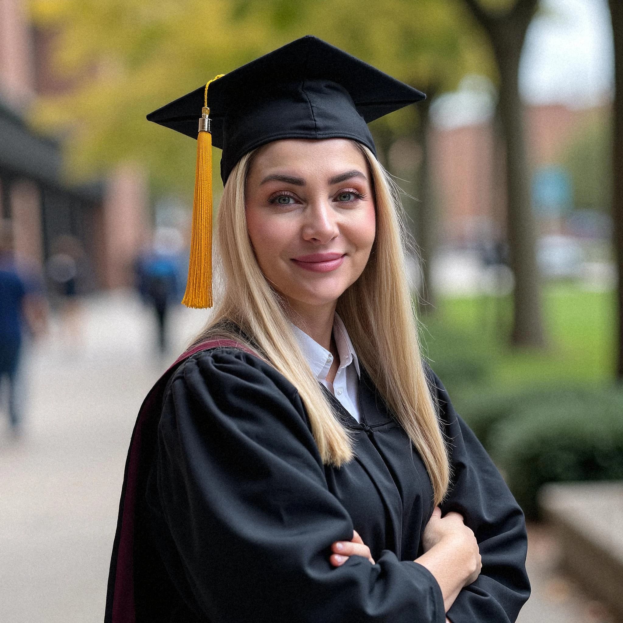 Professional headshot example: Woman Outdoors Graduation Gown Smiling 7 — LinkedInHeadshots.ai