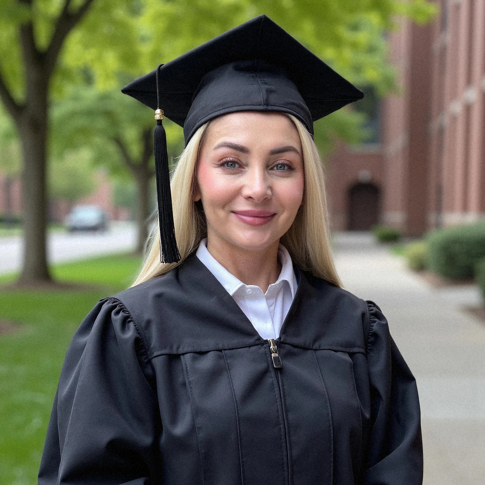 Professional headshot example: Woman Outdoors Graduation Gown Smiling 9 — LinkedInHeadshots.ai