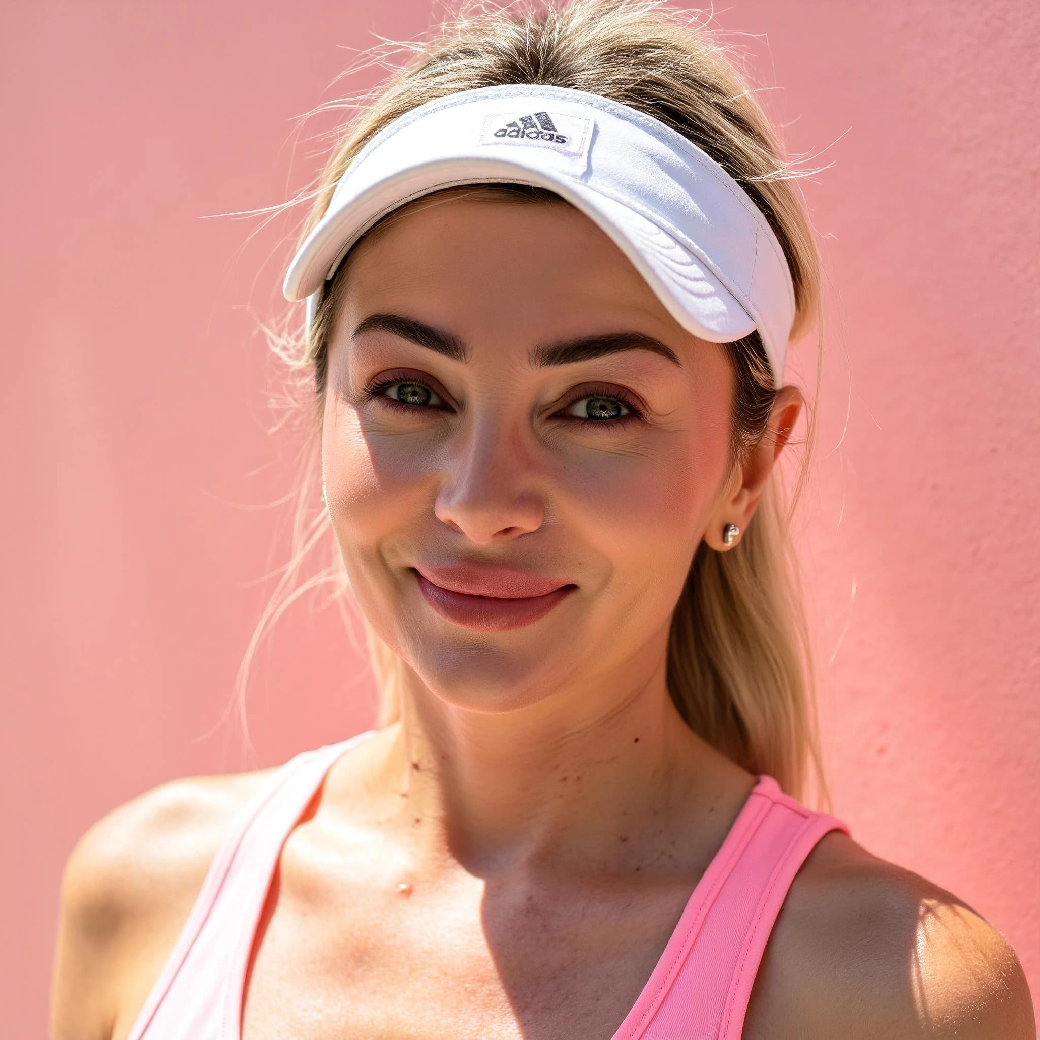 Professional headshot example: Woman Outdoors Pink Top Smiling — LinkedInHeadshots.ai