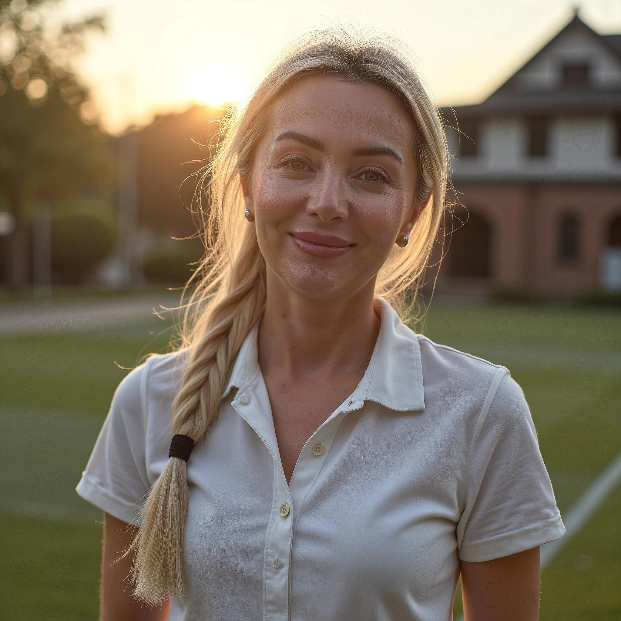 Professional headshot example: Woman Outdoors White Shirt Smiling — LinkedInHeadshots.ai