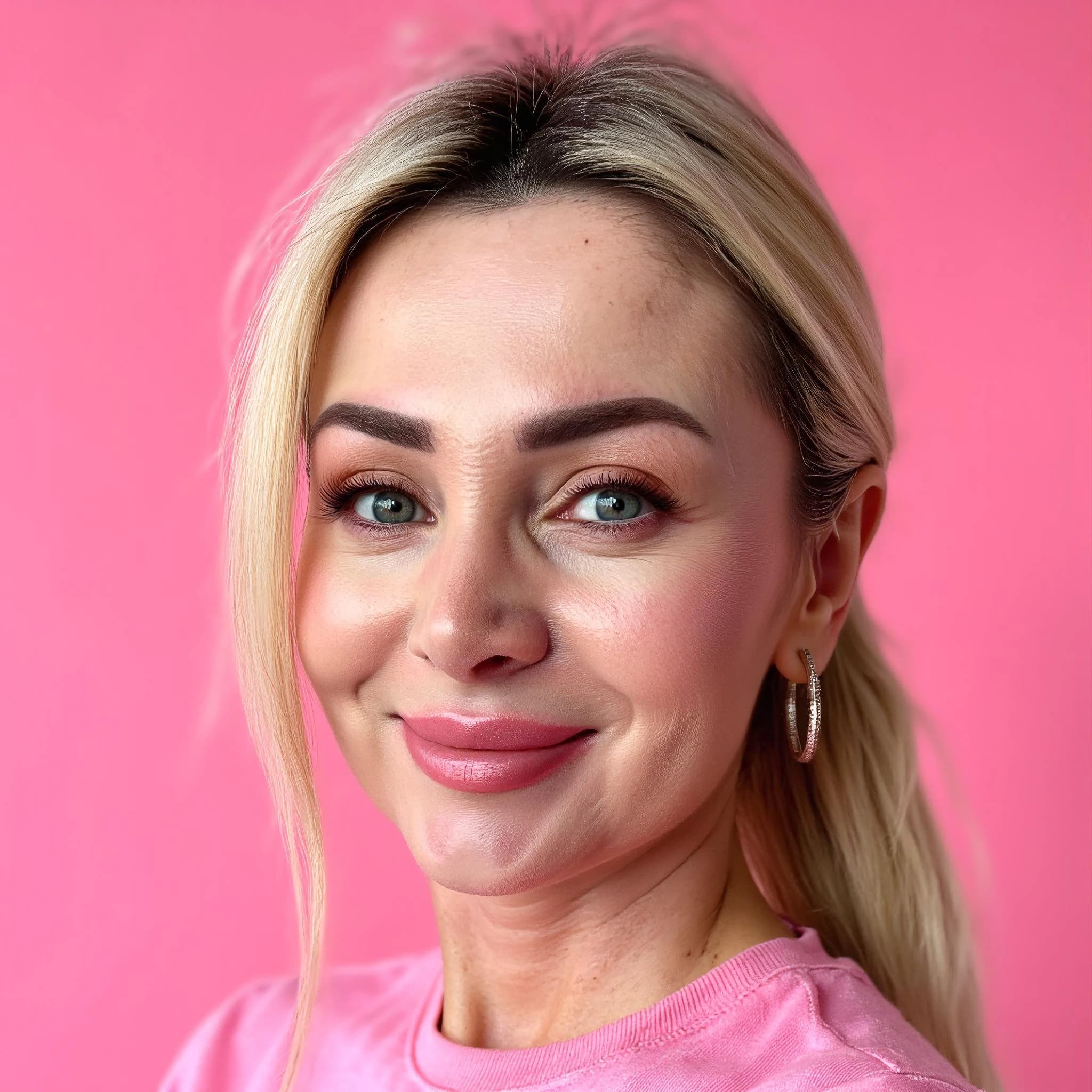 Professional headshot example: Woman Pink Background Smiling Portrait — LinkedInHeadshots.ai