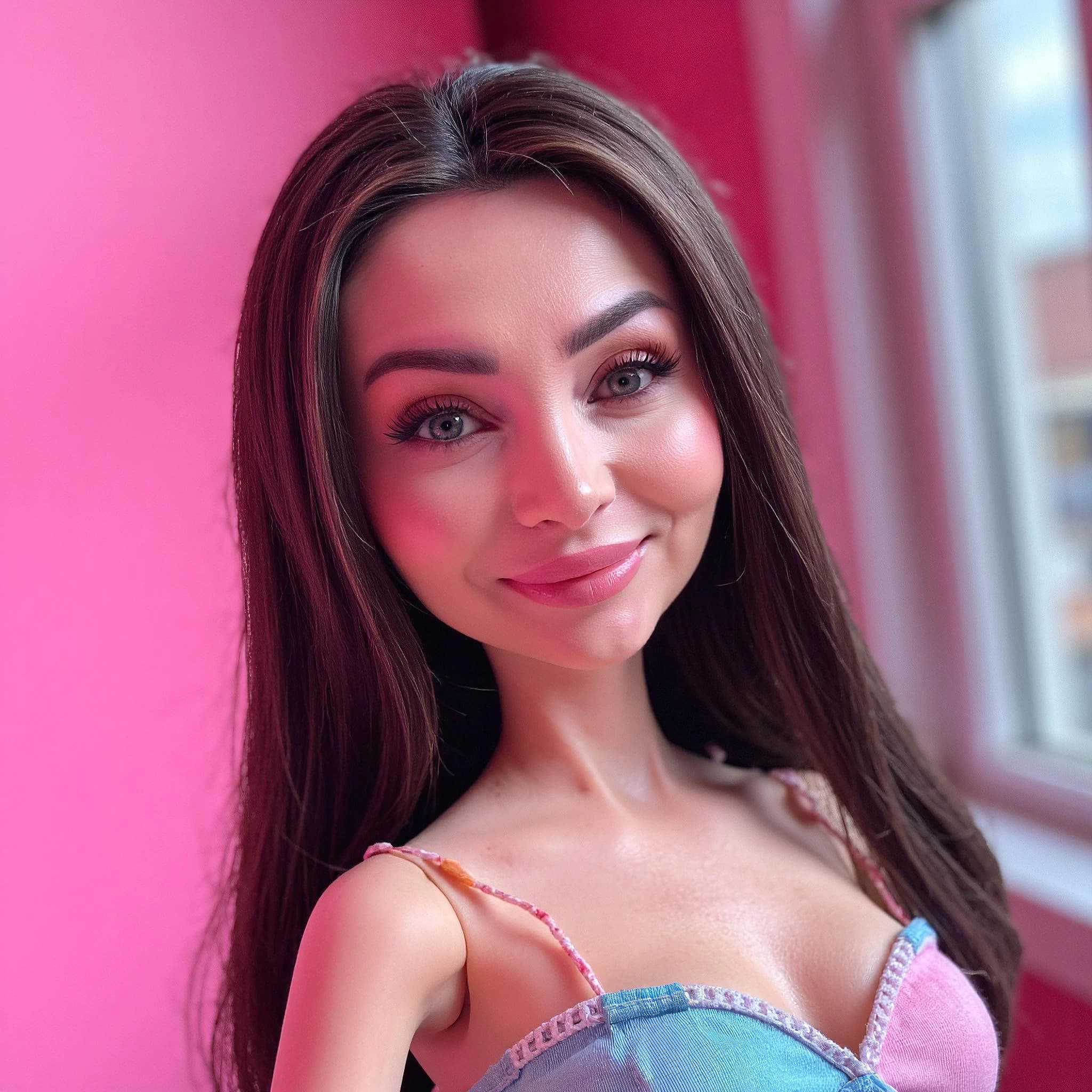 Professional headshot example: Woman Pink Room Colorful Top Smiling — LinkedInHeadshots.ai