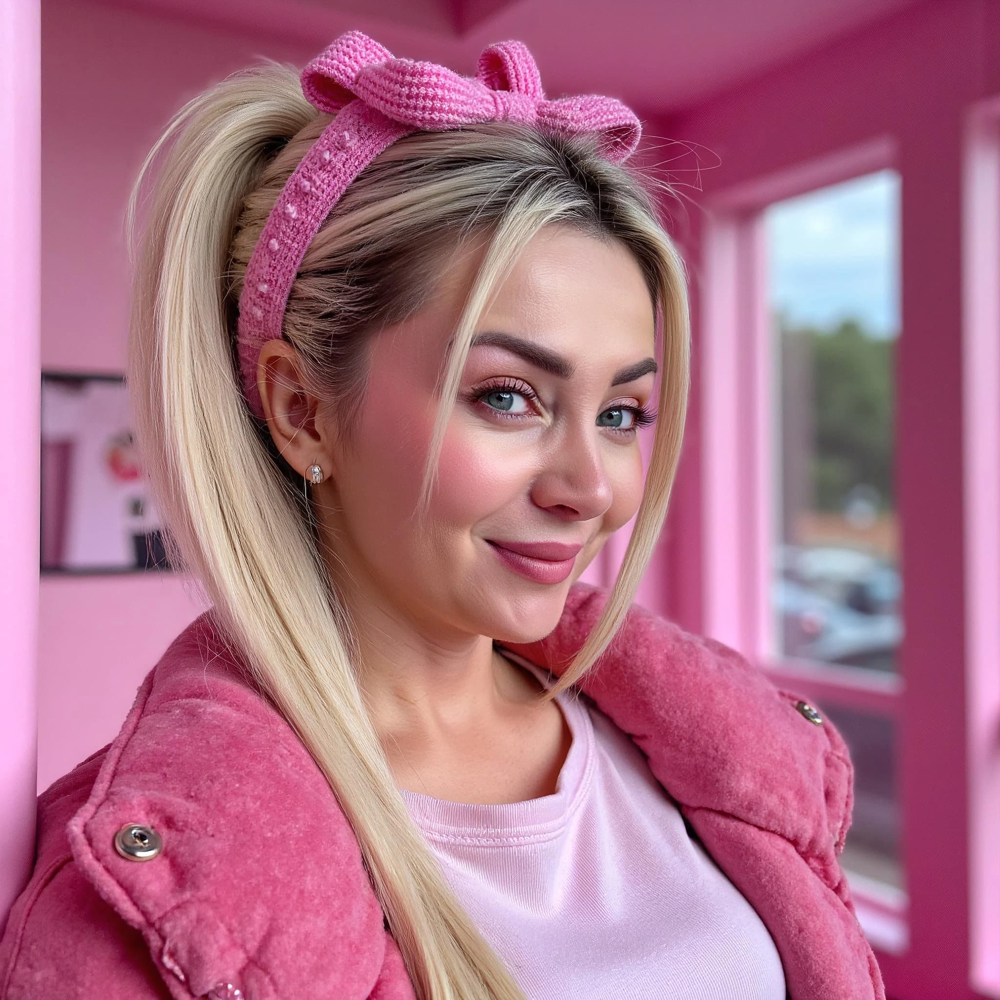 Professional headshot example: Woman Pink Room Jacket Smiling — LinkedInHeadshots.ai