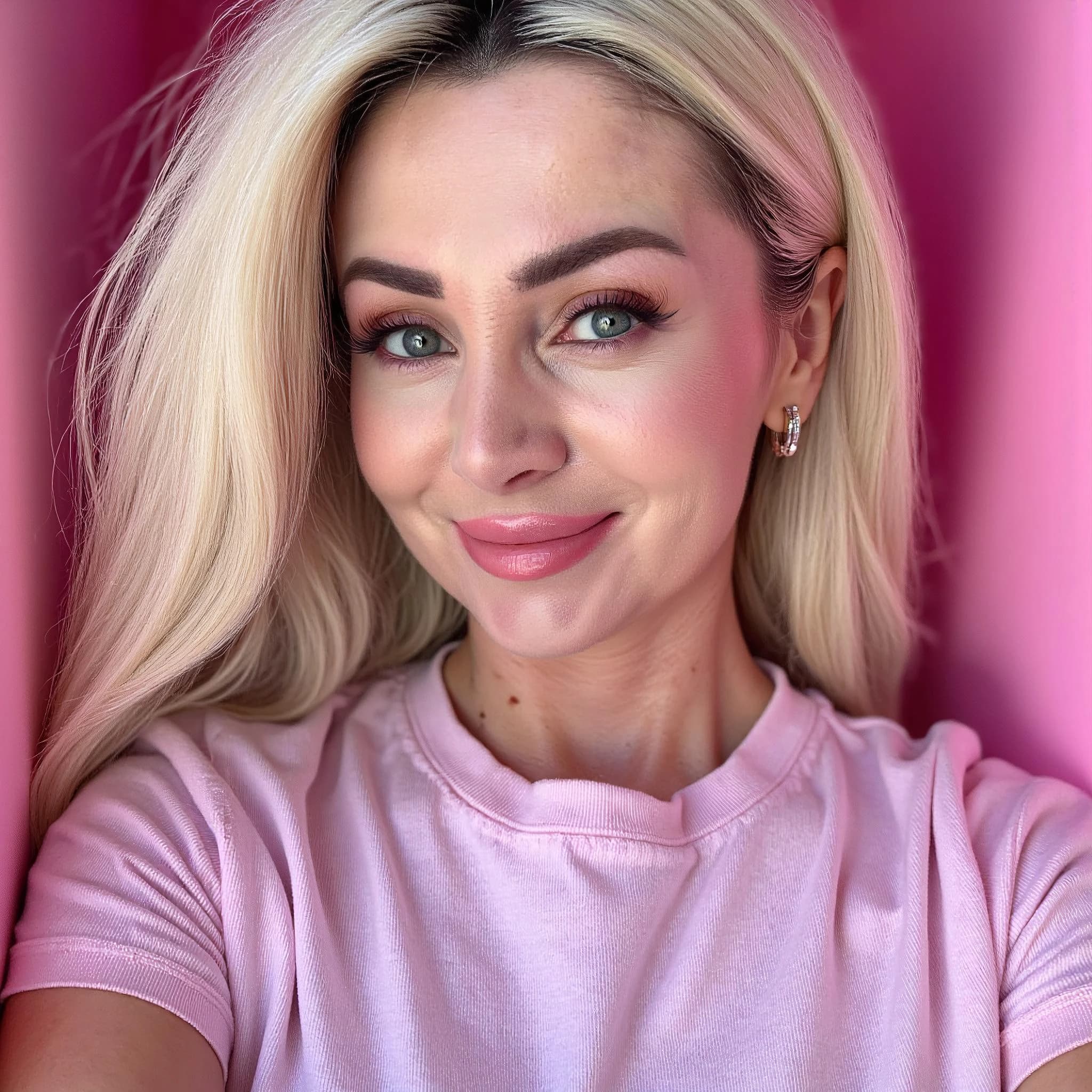 Professional headshot example: Woman Pink Room Pink Shirt Smiling — LinkedInHeadshots.ai
