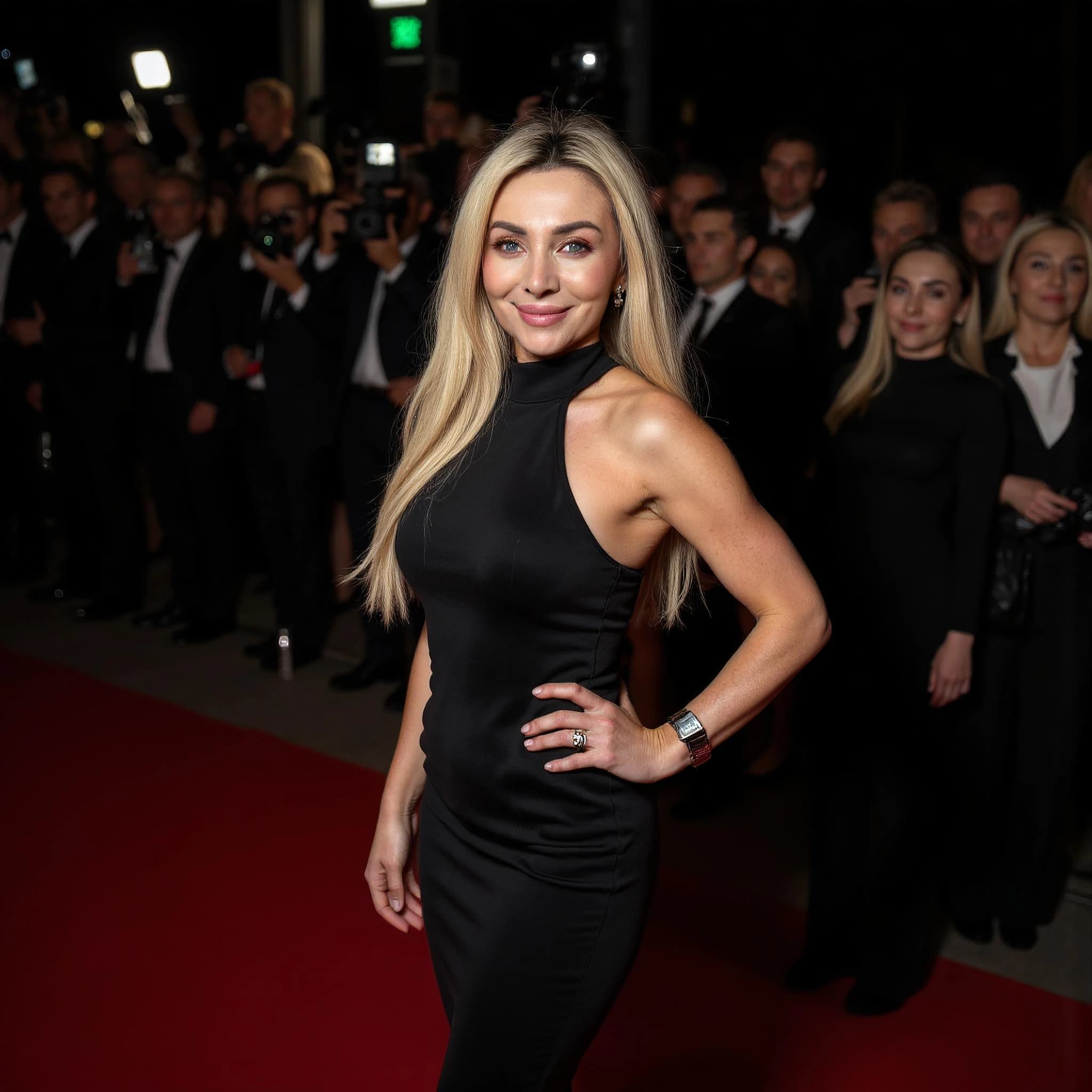 Professional headshot example: Woman Red Carpet Black Dress Smiling 2 — LinkedInHeadshots.ai