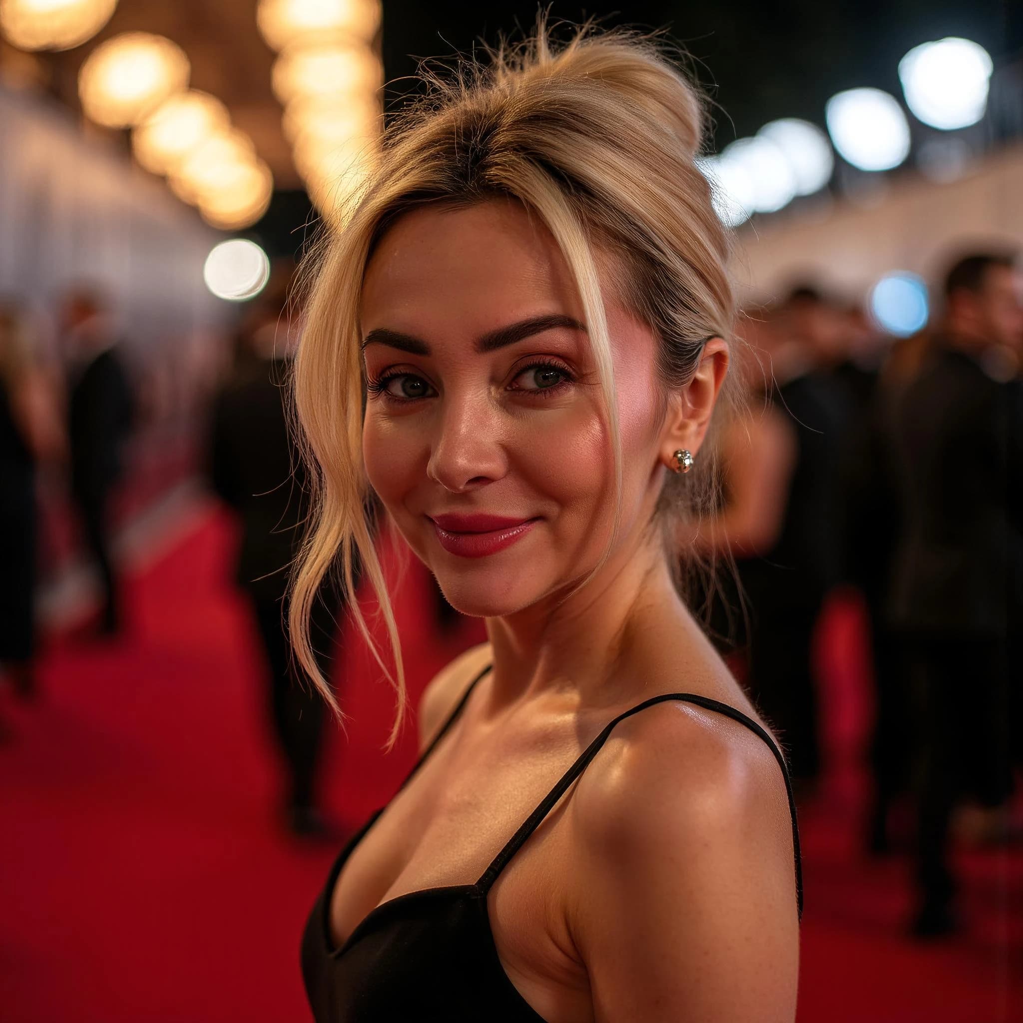 Professional headshot example: Woman Red Carpet Black Dress Smiling 4 — LinkedInHeadshots.ai