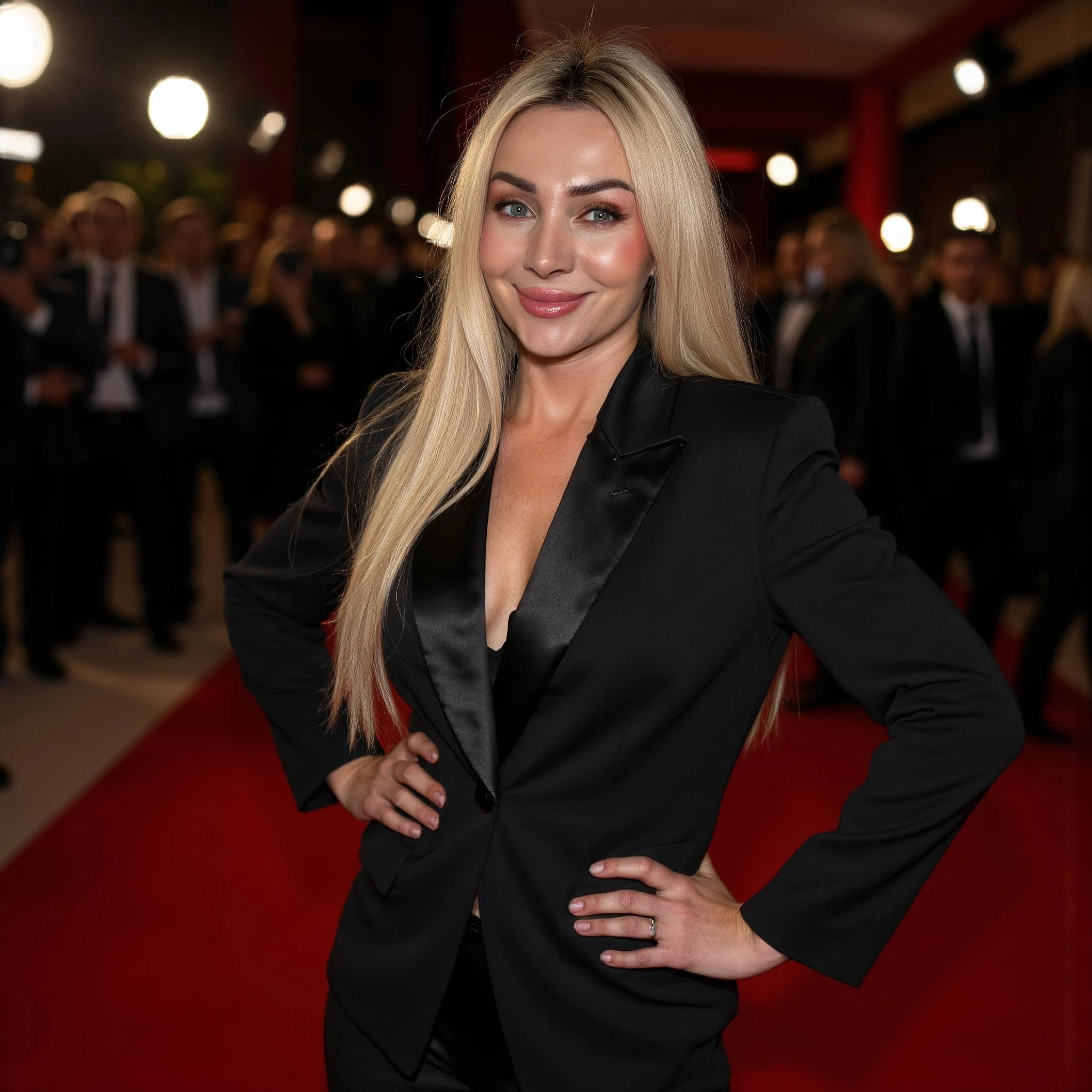 Professional headshot example: Woman Red Carpet Black Suit Smiling — LinkedInHeadshots.ai