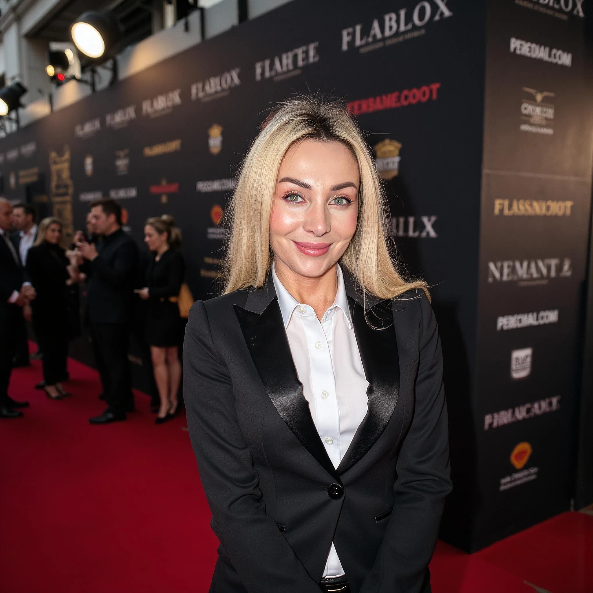 Professional headshot example: Woman Red Carpet Black Suit Smiling 2 — LinkedInHeadshots.ai