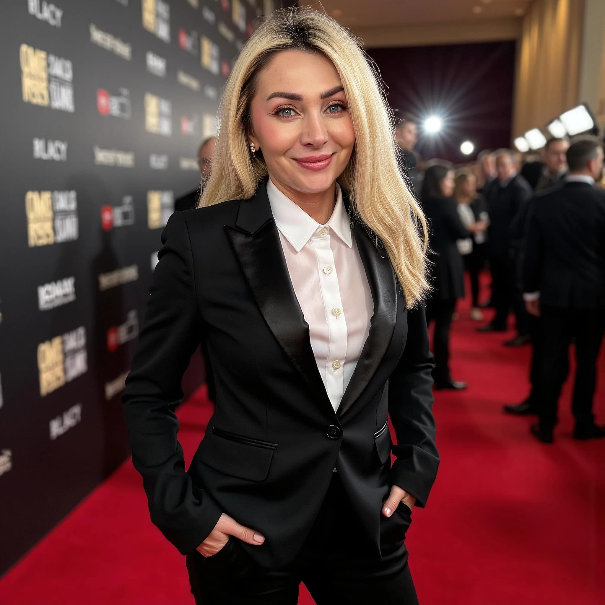 Professional headshot example: Woman Red Carpet Black Suit Smiling 3 — LinkedInHeadshots.ai