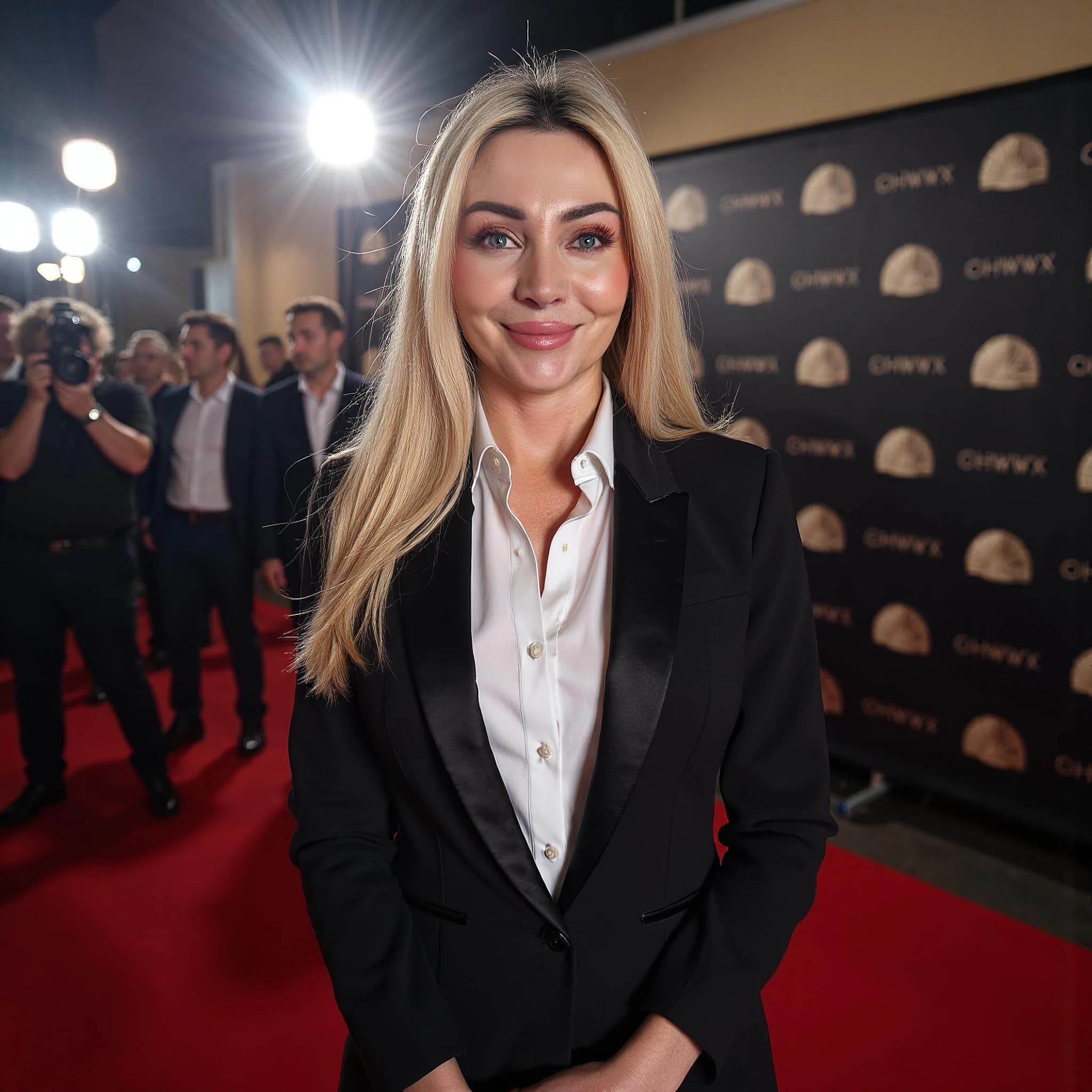 Professional headshot example: Woman Red Carpet Black Suit Smiling 4 — LinkedInHeadshots.ai