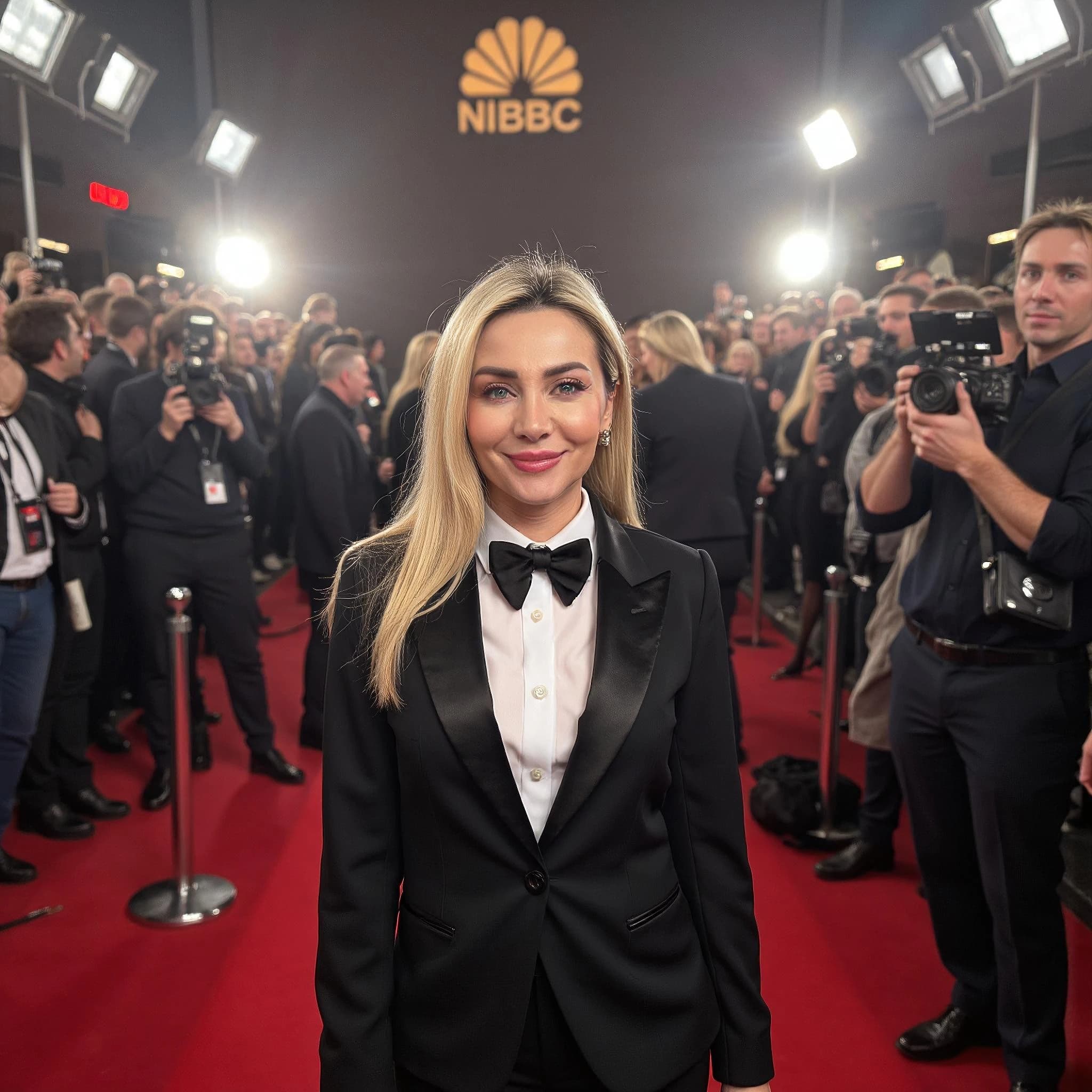 Professional headshot example: Woman Red Carpet Black Suit Smiling 5 — LinkedInHeadshots.ai