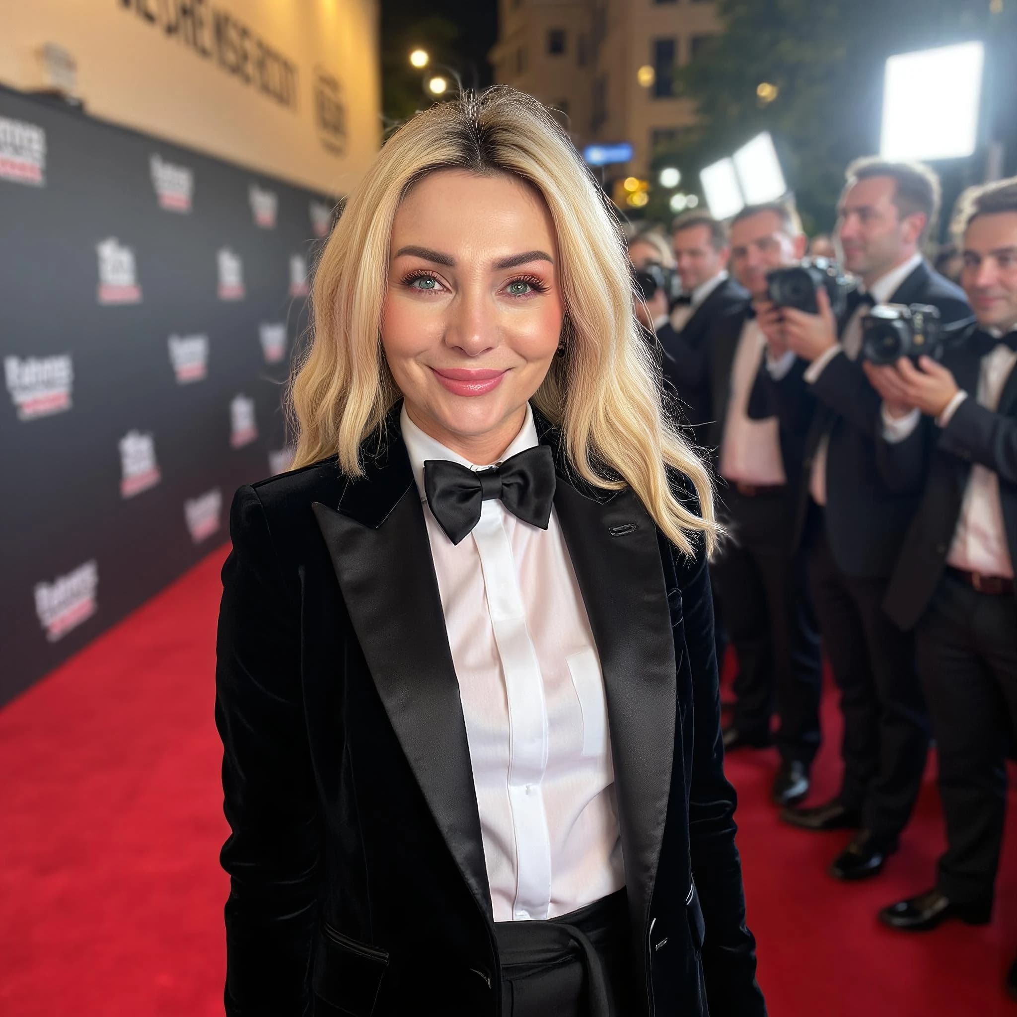 Professional headshot example: Woman Red Carpet Black Tuxedo Smiling 3 — LinkedInHeadshots.ai
