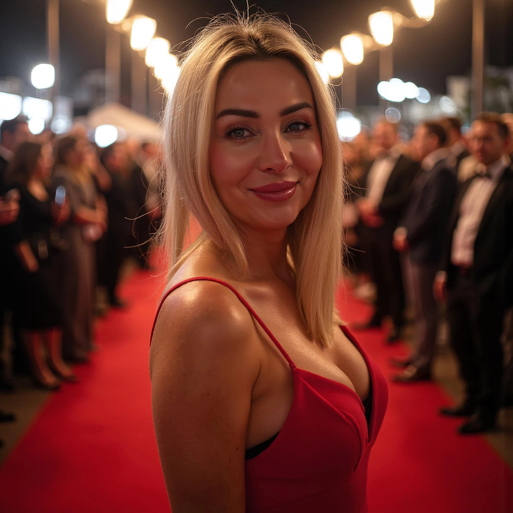 Professional headshot example: Woman Red Carpet Red Dress Smiling 3 — LinkedInHeadshots.ai
