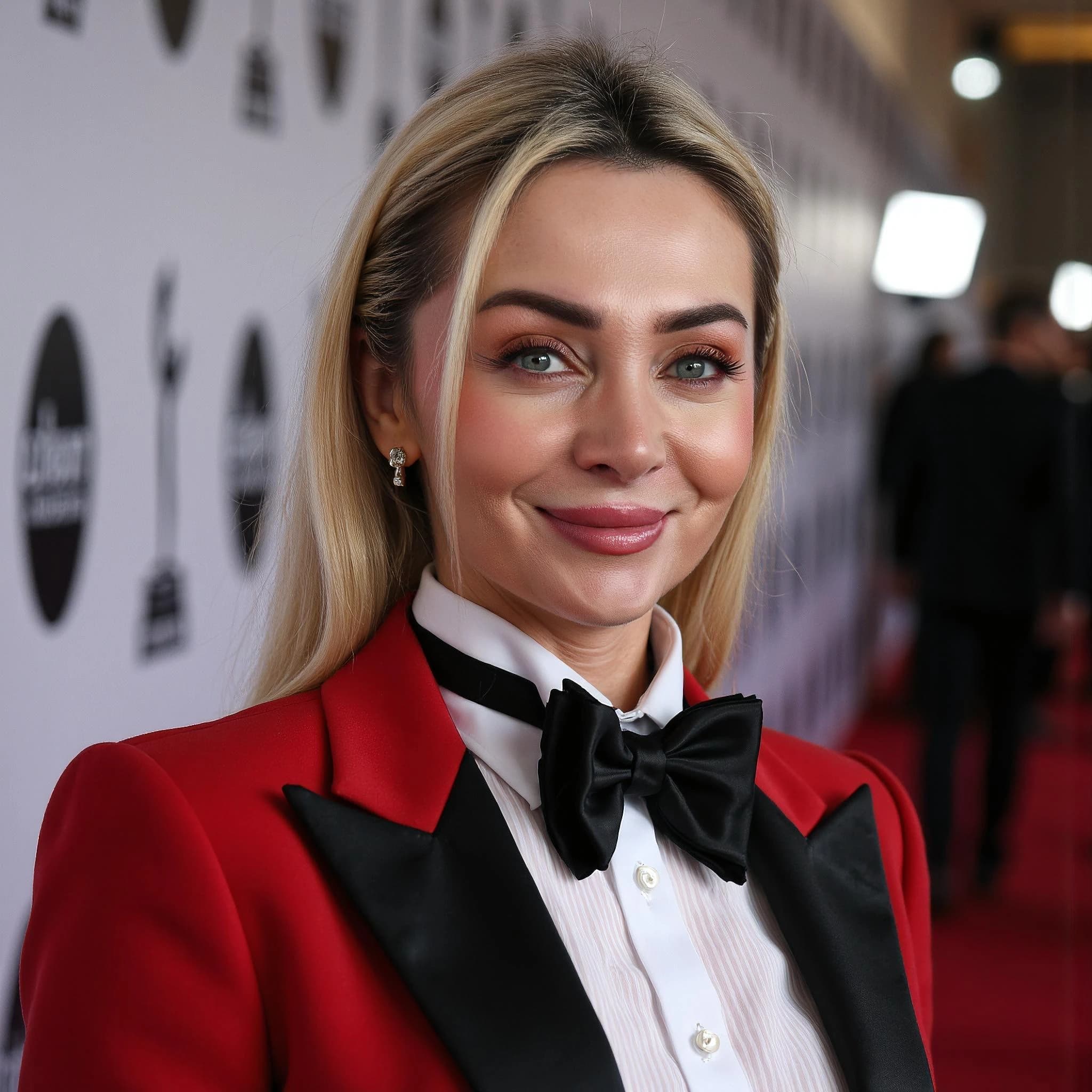 Professional headshot example: Woman Red Carpet Red Suit Smiling — LinkedInHeadshots.ai