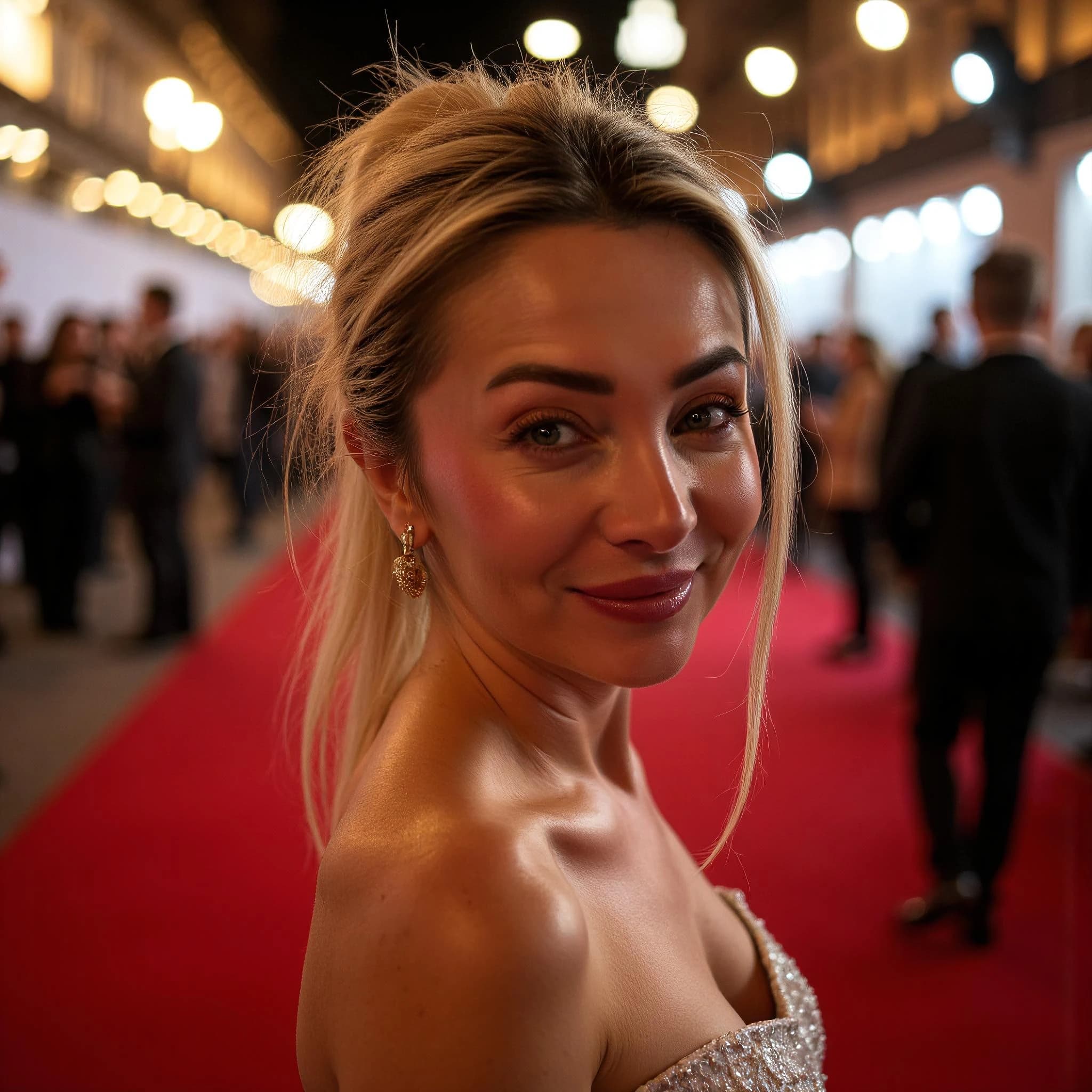 Professional headshot example: Woman Red Carpet Sparkly Dress Smiling — LinkedInHeadshots.ai