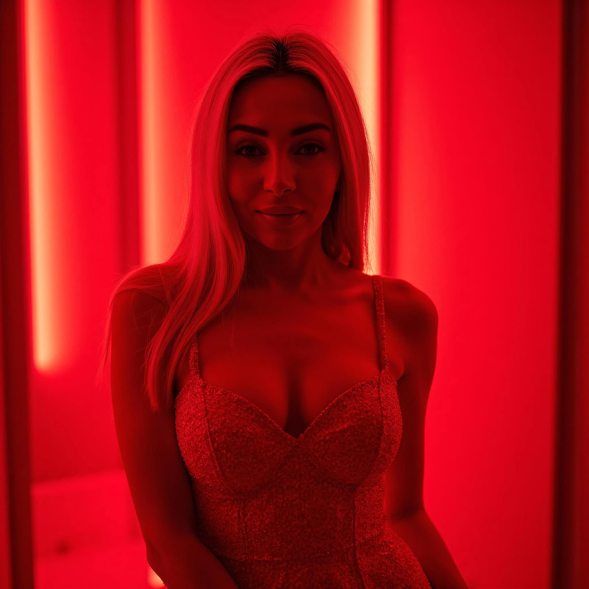 Professional headshot example: Woman Red Room Sparkly Dress Smiling — LinkedInHeadshots.ai