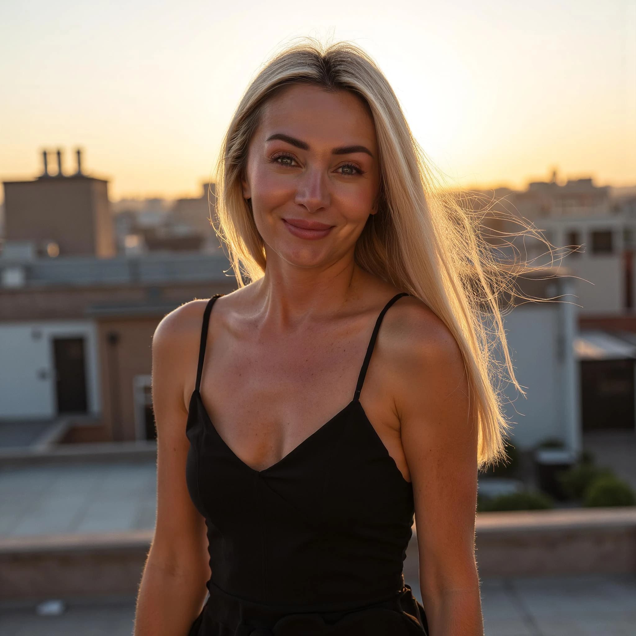 Professional headshot example: Woman Rooftop Black Dress Smiling — LinkedInHeadshots.ai